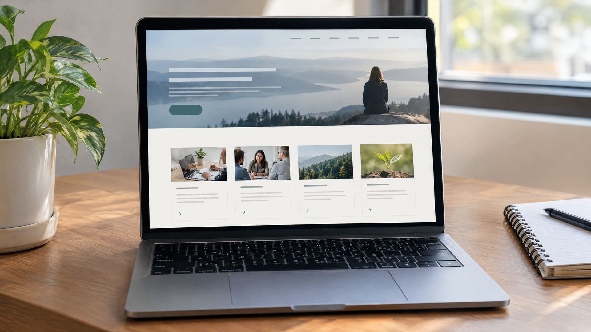 Laptop mit einer ruhig gestalteten Website einer Gründungsberatung mit Leistungskacheln, daneben eine Pflanze und ein Notizbuch auf einem Schreibtisch, Text unleserlich