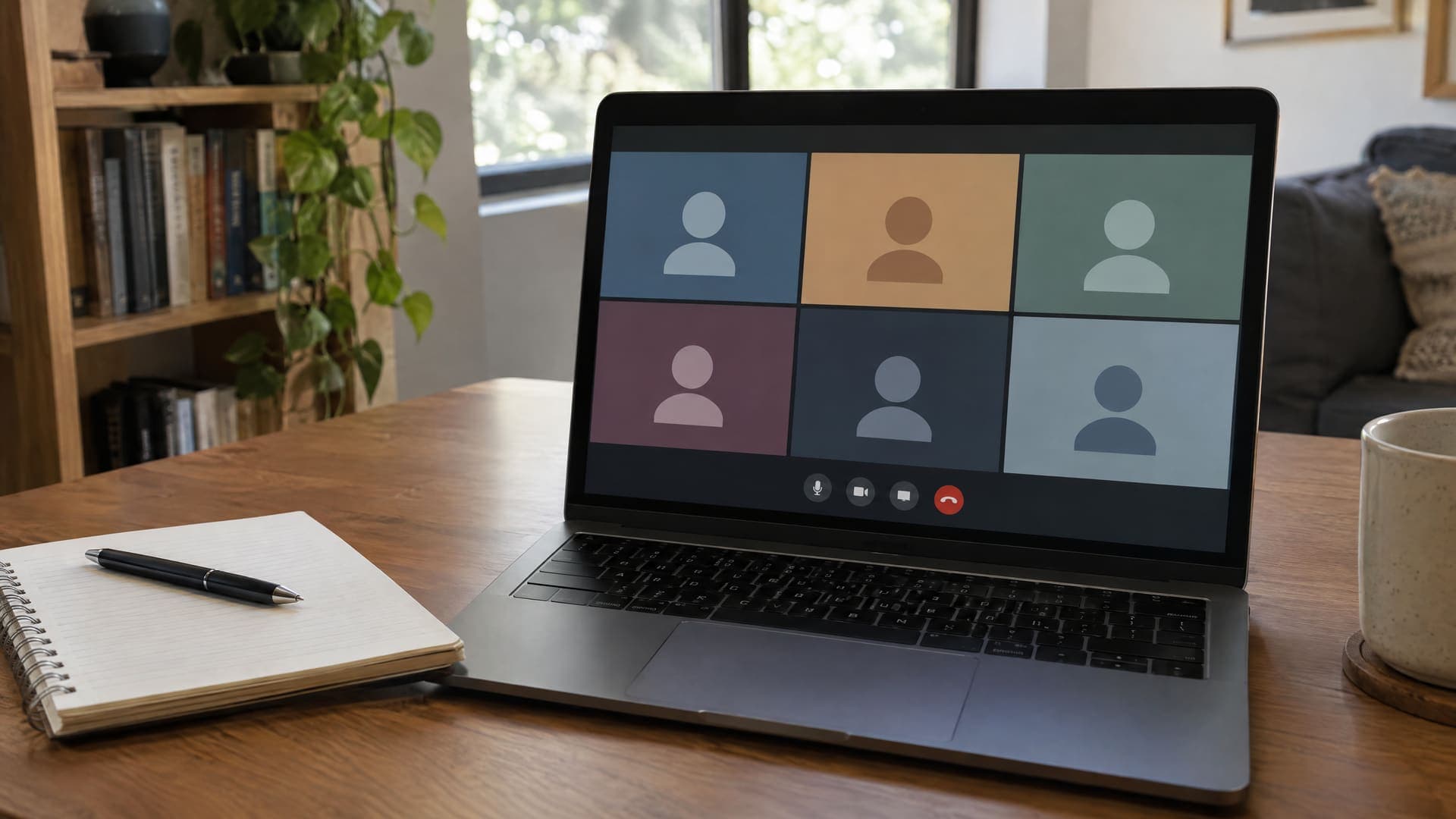 Laptop zeigt einen Online-Videocall mit abstrakten Kacheln ohne erkennbare Gesichter, daneben ein Notizbuch und ein Stift im Heimbüro, Text unleserlich