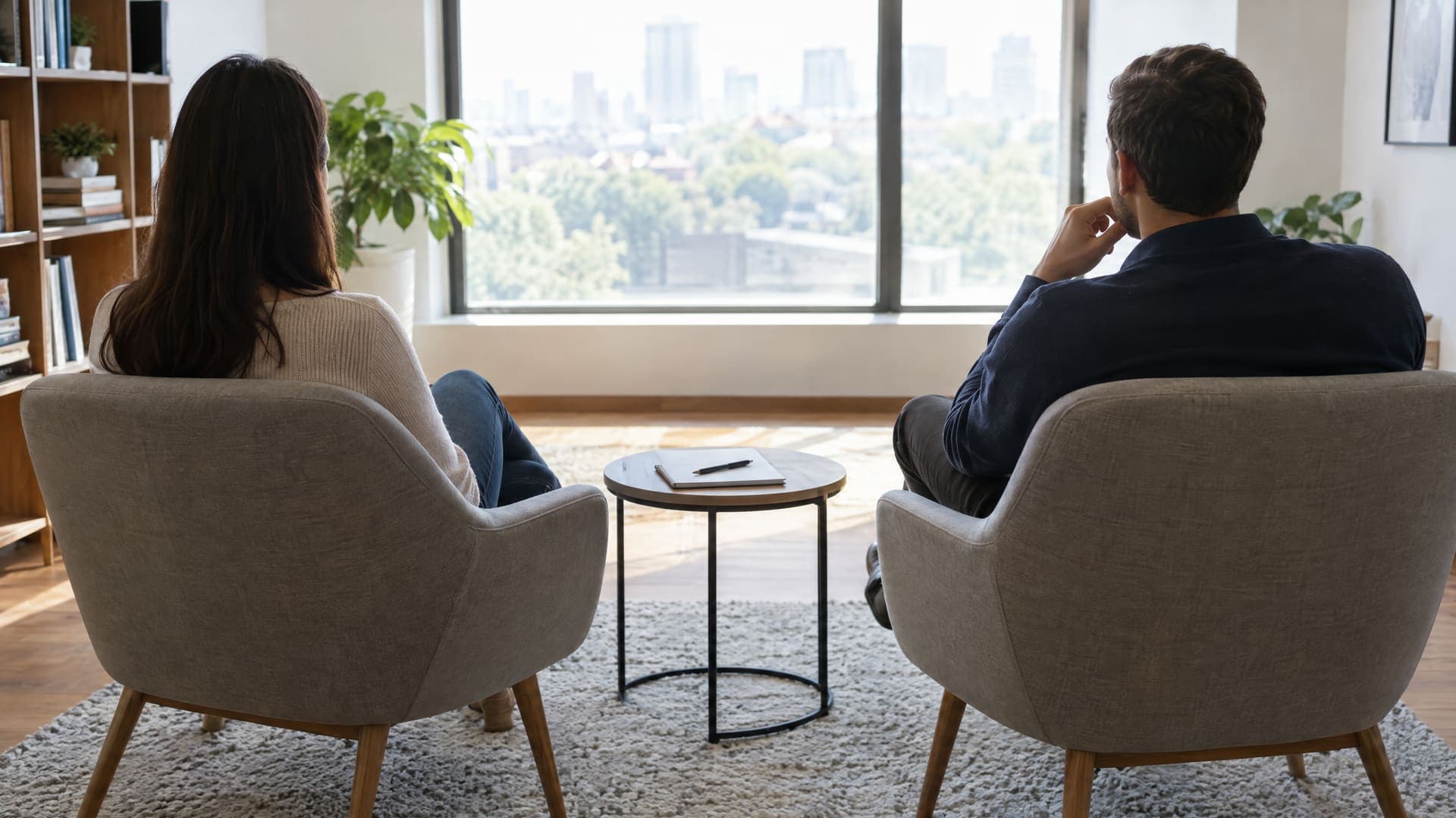 Coaching-Sitzung: zwei Stühle stehen sich in einem hellen Büro gegenüber, von hinten fotografiert, ein Notizbuch liegt auf einem kleinen Tisch, Gesichter nicht sichtbar