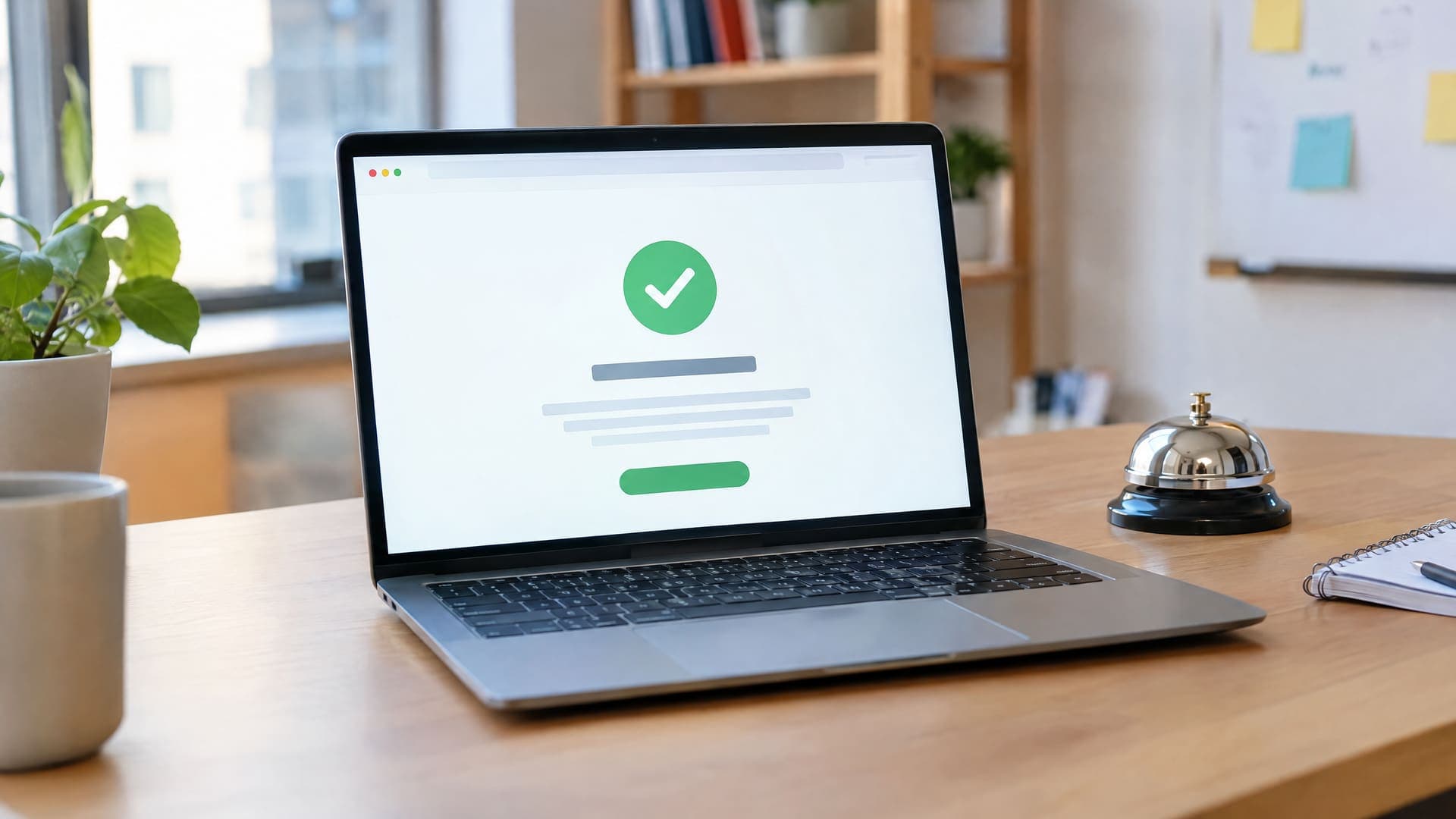 Laptop mit einer abstrakten Bestätigungsseite mit grünem Haken neben einer kleinen Tischglocke in einem Startup-Büro