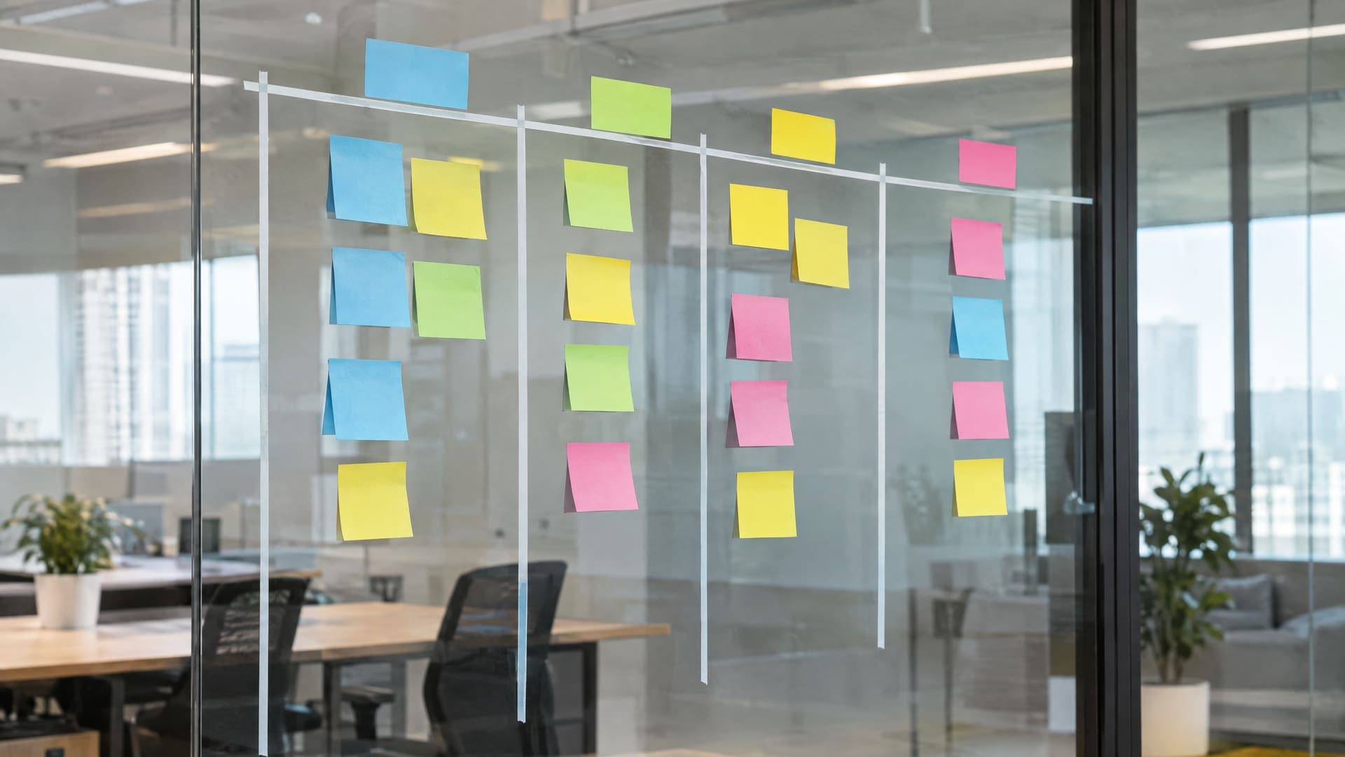 Kanban-Board auf einer Glaswand mit Haftnotizen in Spalten in einem modernen Büro, Notizen unleserlich, keine Personen