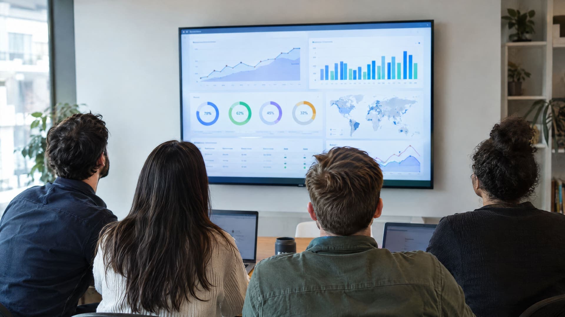 Kleines Startup-Team von hinten vor einem großen Bildschirm mit einem Launch-Dashboard aus Diagrammen in einem modernen Büro, Gesichter nicht sichtbar