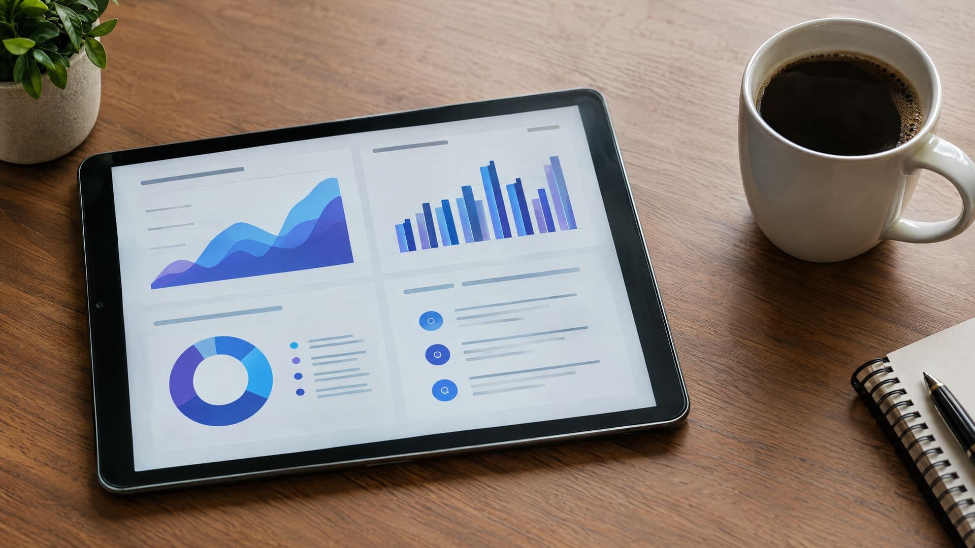 Tablet mit abstrakten Pitch-Deck-Folien mit Diagrammen neben einer Kaffeetasse auf einem Schreibtisch, Folientext unleserlich