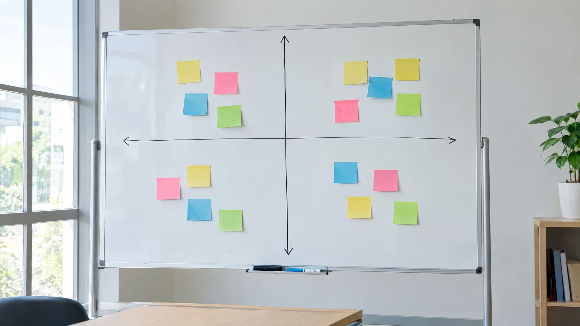 Whiteboard mit einer mit Marker gezeichneten Positionierungsmatrix und Haftnotizen in einem hellen Raum, Notizen unleserlich, keine Personen