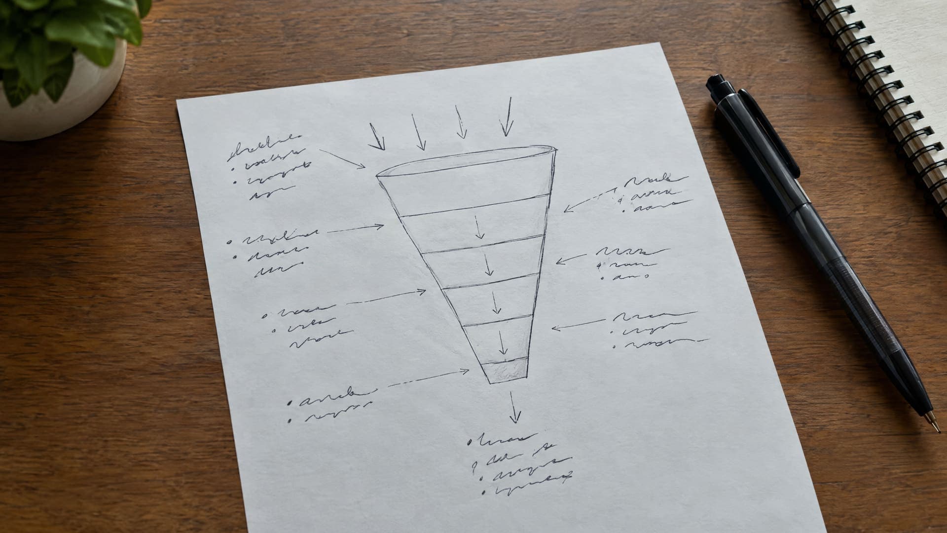 Handgezeichnete Trichter-Skizze auf Papier mit einem Stift auf einem Schreibtisch, Beschriftungen unleserlich