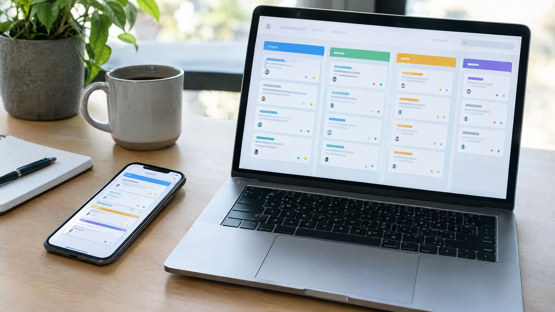 Smartphone und Laptop zeigen ein abstraktes Vertriebs-Board mit Spalten und Karten auf einem Schreibtisch, Text unleserlich
