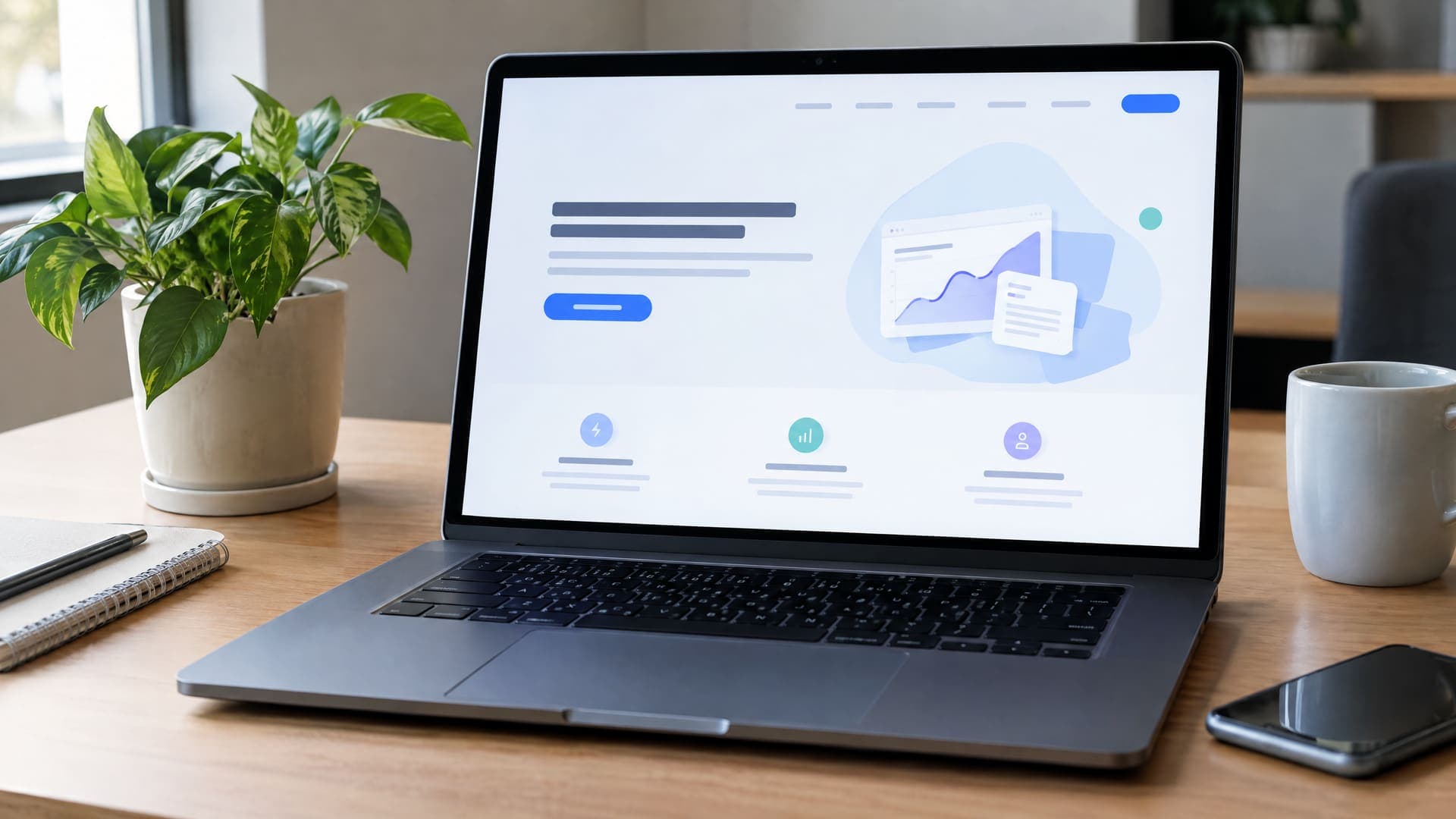 Laptop mit einer klaren modernen Landingpage mit großer Überschrift und einem Button, daneben eine Pflanze auf einem Schreibtisch, Text unleserlich