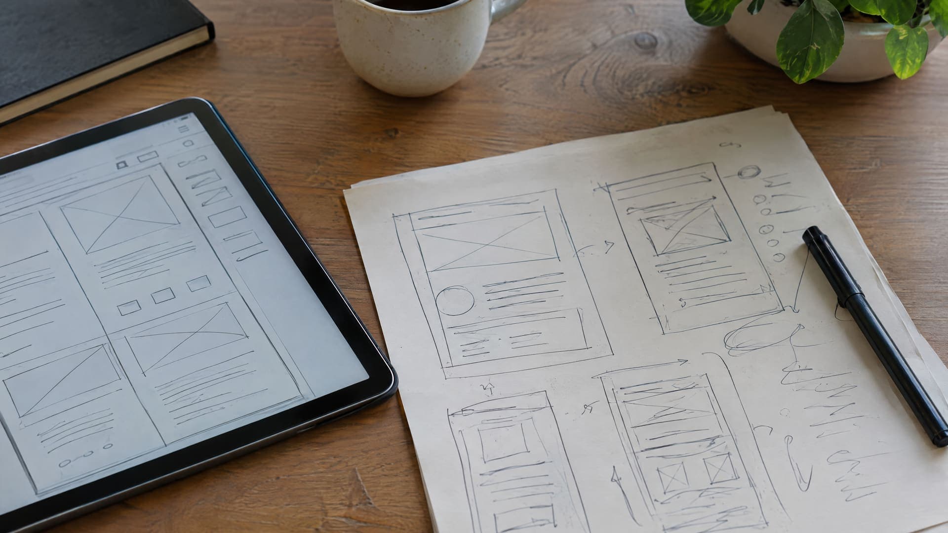 Handgezeichnete Wireframe-Skizzen auf Papier neben einem Tablet und einer Kaffeetasse auf einem Schreibtisch, Gekritzel unleserlich