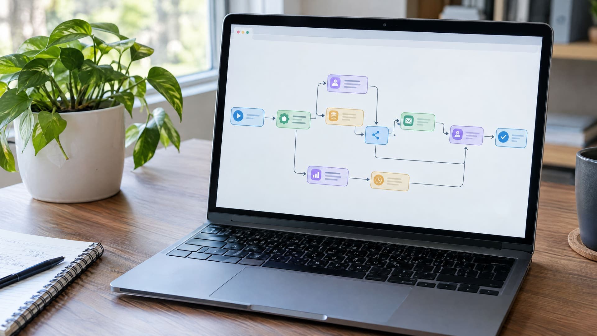 Laptop zeigt ein Workflow-Diagramm aus verbundenen Knoten und Pfeilen auf einem Schreibtisch mit Pflanze, Text unleserlich