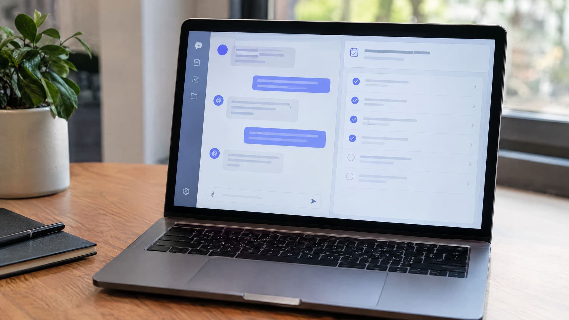 Laptop zeigt eine abstrakte Assistenten-Oberfläche mit Chat-Sprechblasen links und einer Aufgabenliste mit Häkchen rechts, Text unleserlich, keine Logos