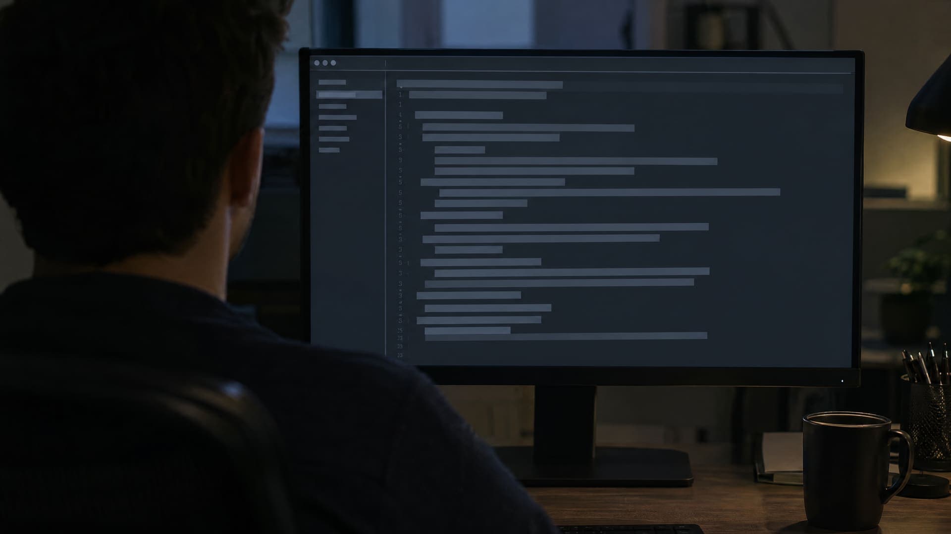 Blick über die Schulter einer Person auf einen Monitor mit einem dunklen Texteditor, der nur abstrakte graue Zeilen zeigt, ohne lesbare Zeichen