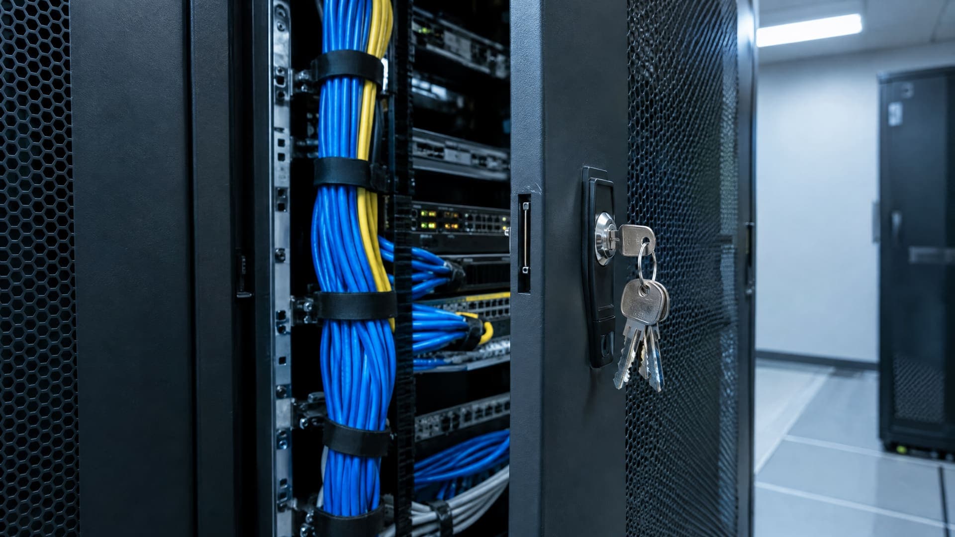 Offene Tür eines Serverschranks mit einem Schlüsselbund im Schloss, dahinter gebündelte blaue Netzwerkkabel und Geräte, ohne lesbare Beschriftung