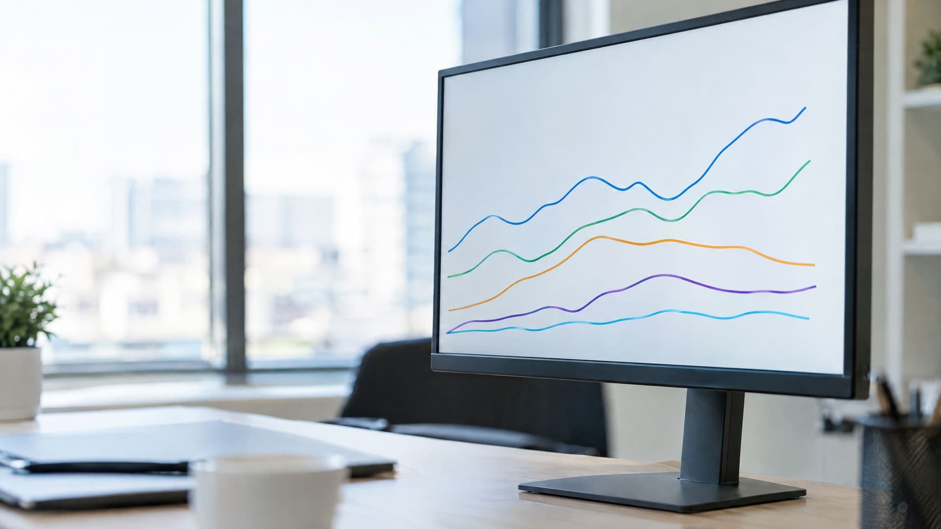 Monitor mit einem Liniendiagramm aus mehreren farbigen Kurven vor einem Fenster in einem Büro, ohne Achsenbeschriftung oder Zahlen
