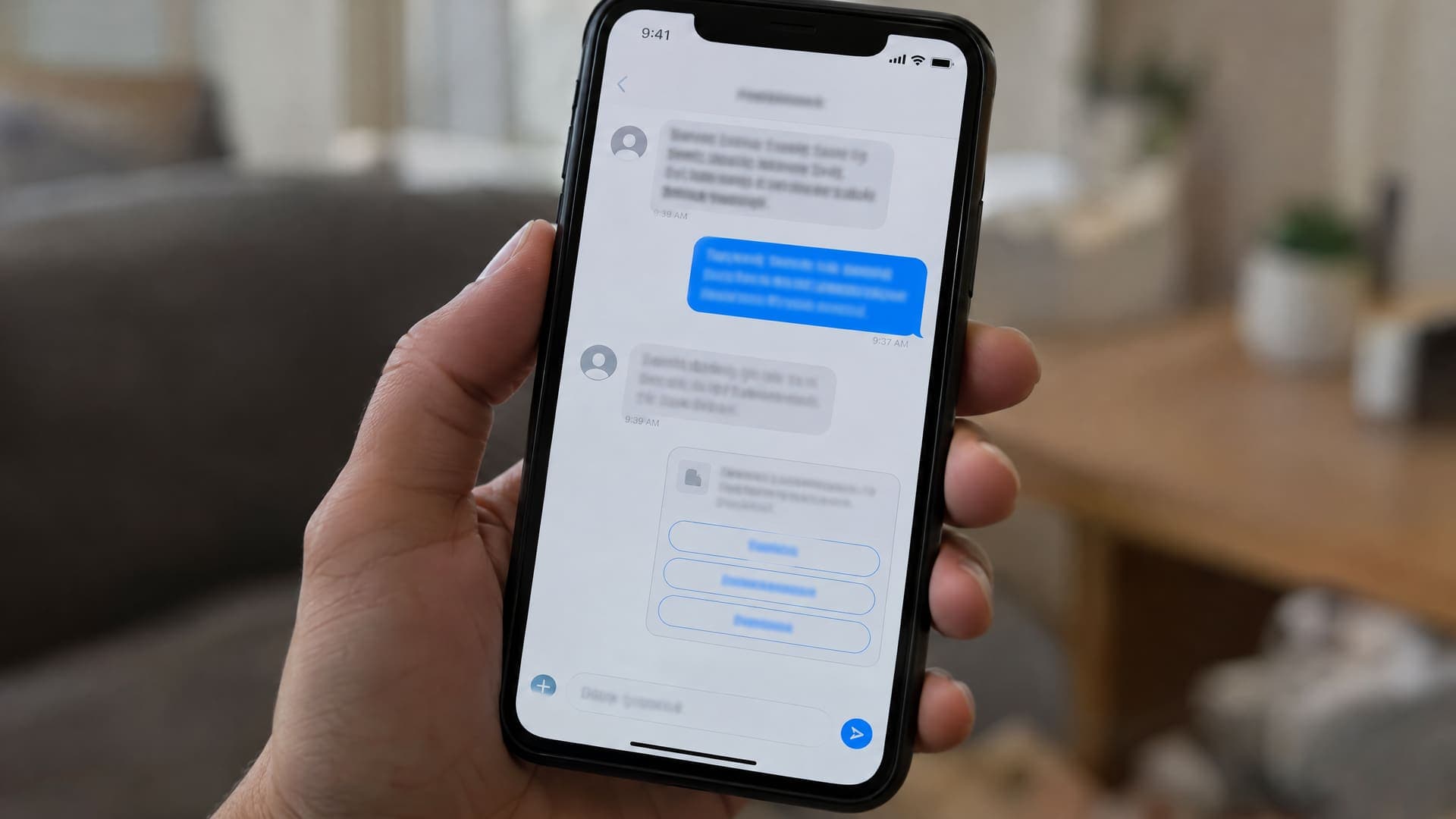 Hand hält ein Smartphone mit einem Chatverlauf und mehreren Auswahlschaltflächen unter der letzten Nachricht, Text unleserlich, keine Logos