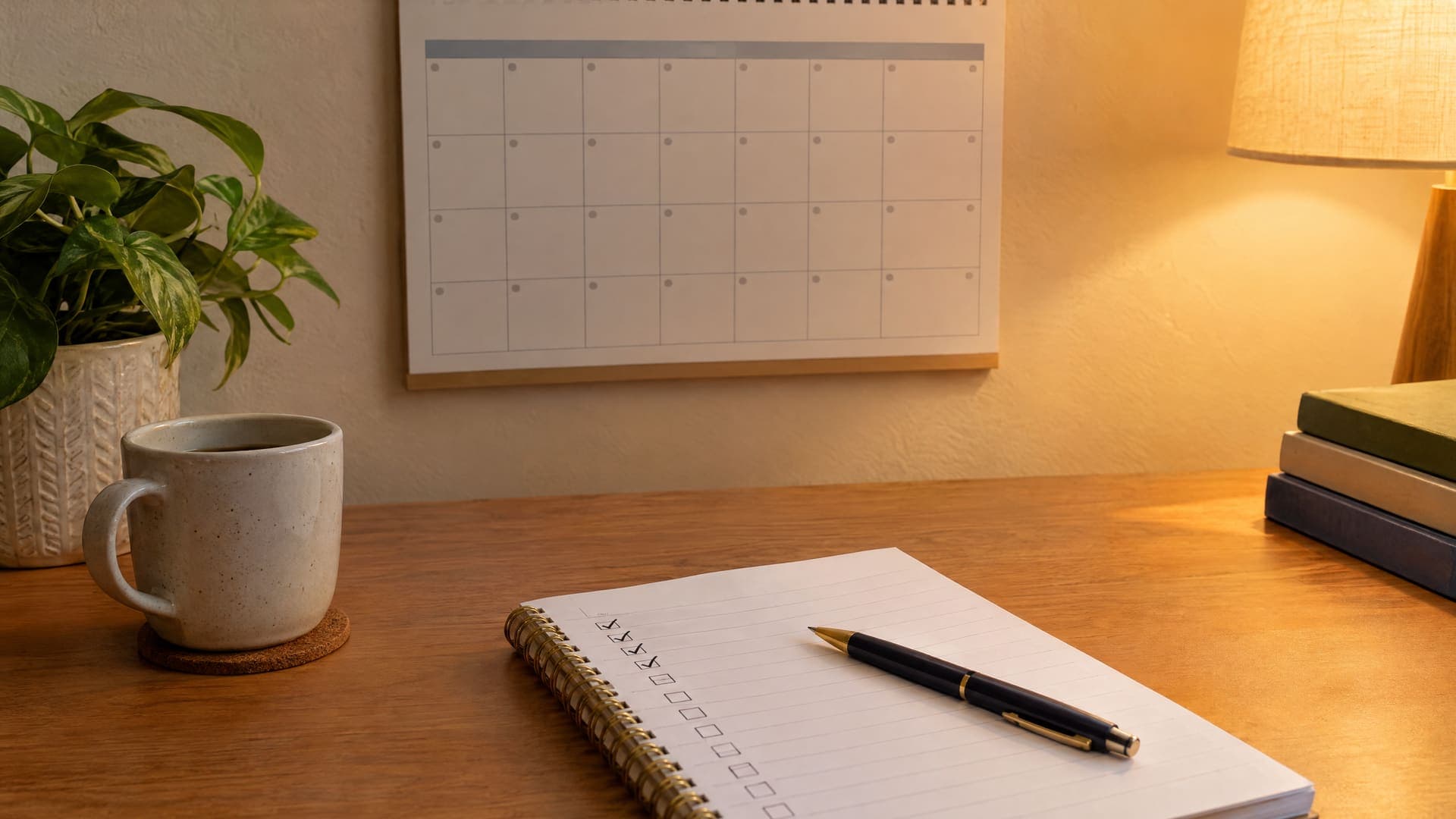 Schreibtisch mit einem Wandkalender, einem Notizblock mit abgehakten Zeilen und einem Stift, Beschriftungen unleserlich