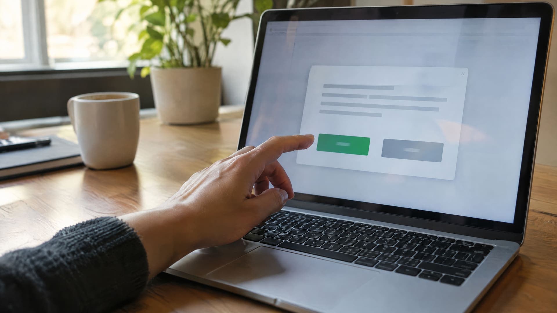 Eine Hand schwebt über einer Freigabe-Schaltfläche auf einem Laptop-Bildschirm an einem Schreibtisch, Gesicht nicht sichtbar, Text unleserlich