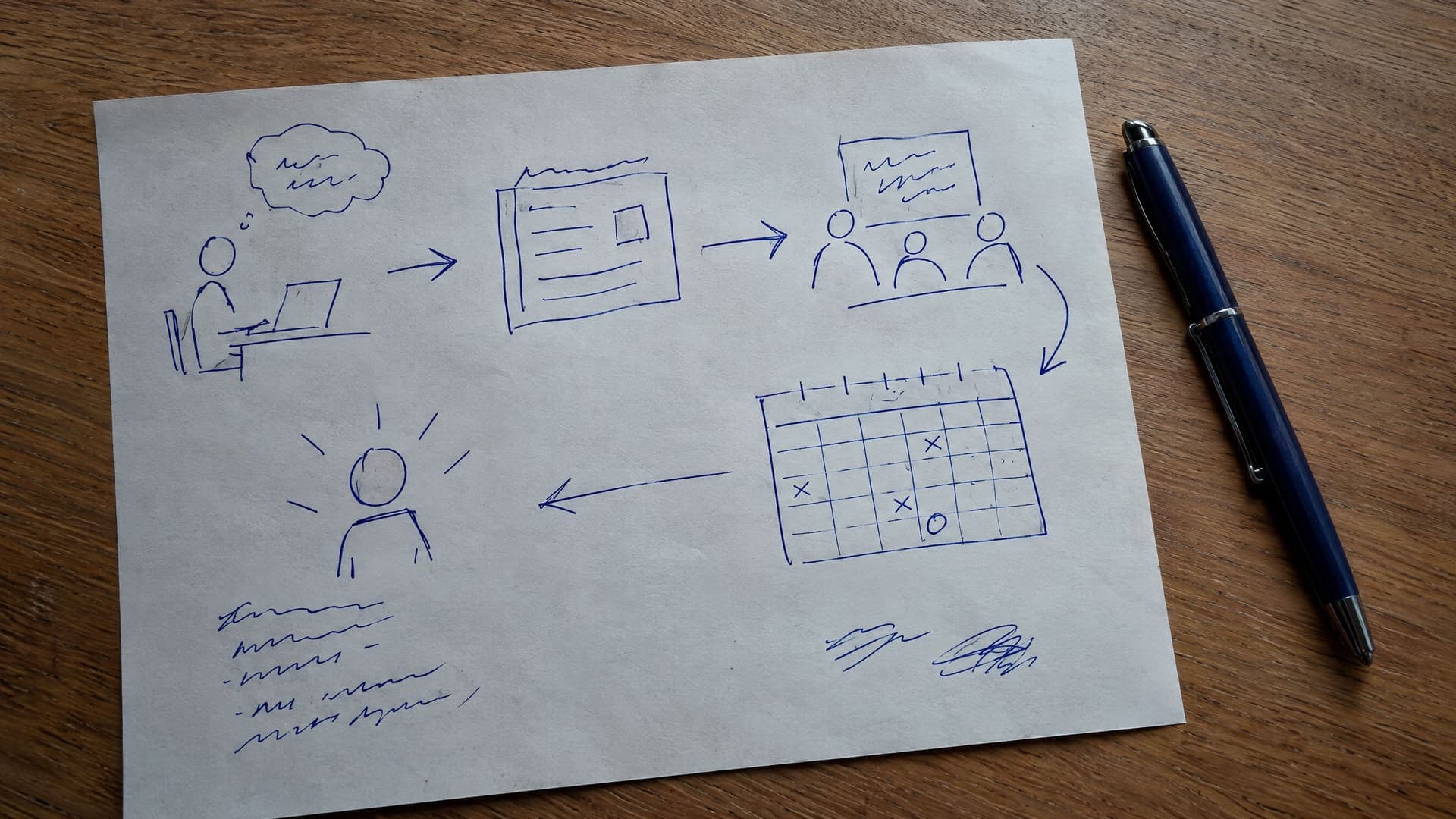 Handgezeichnete Abfolge von Pfeilen und einem Kalender auf Papier mit einem Stift, Gekritzel unleserlich
