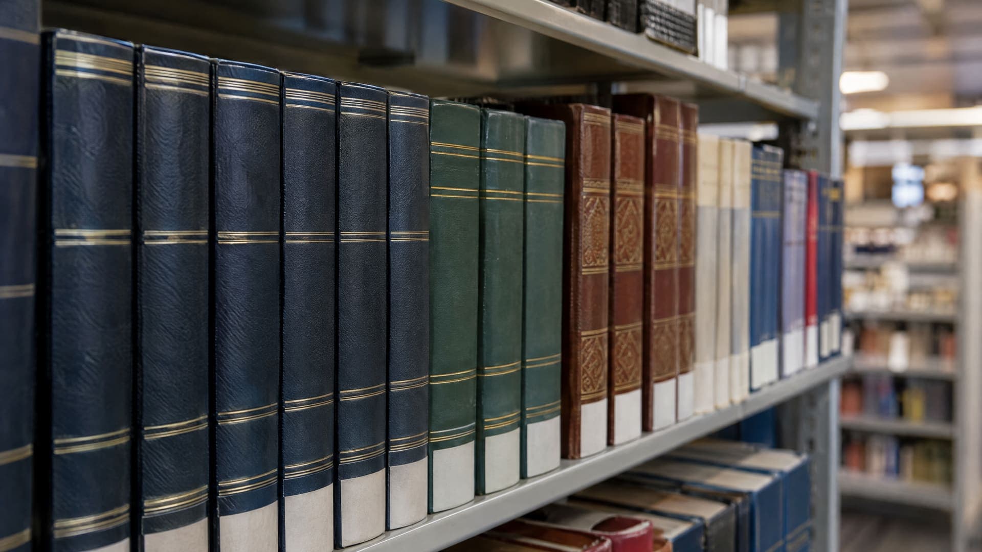 Regalreihe mit Nachschlagewerken und Lexika in einer Bibliothek, Buchrücken ohne lesbare Titel