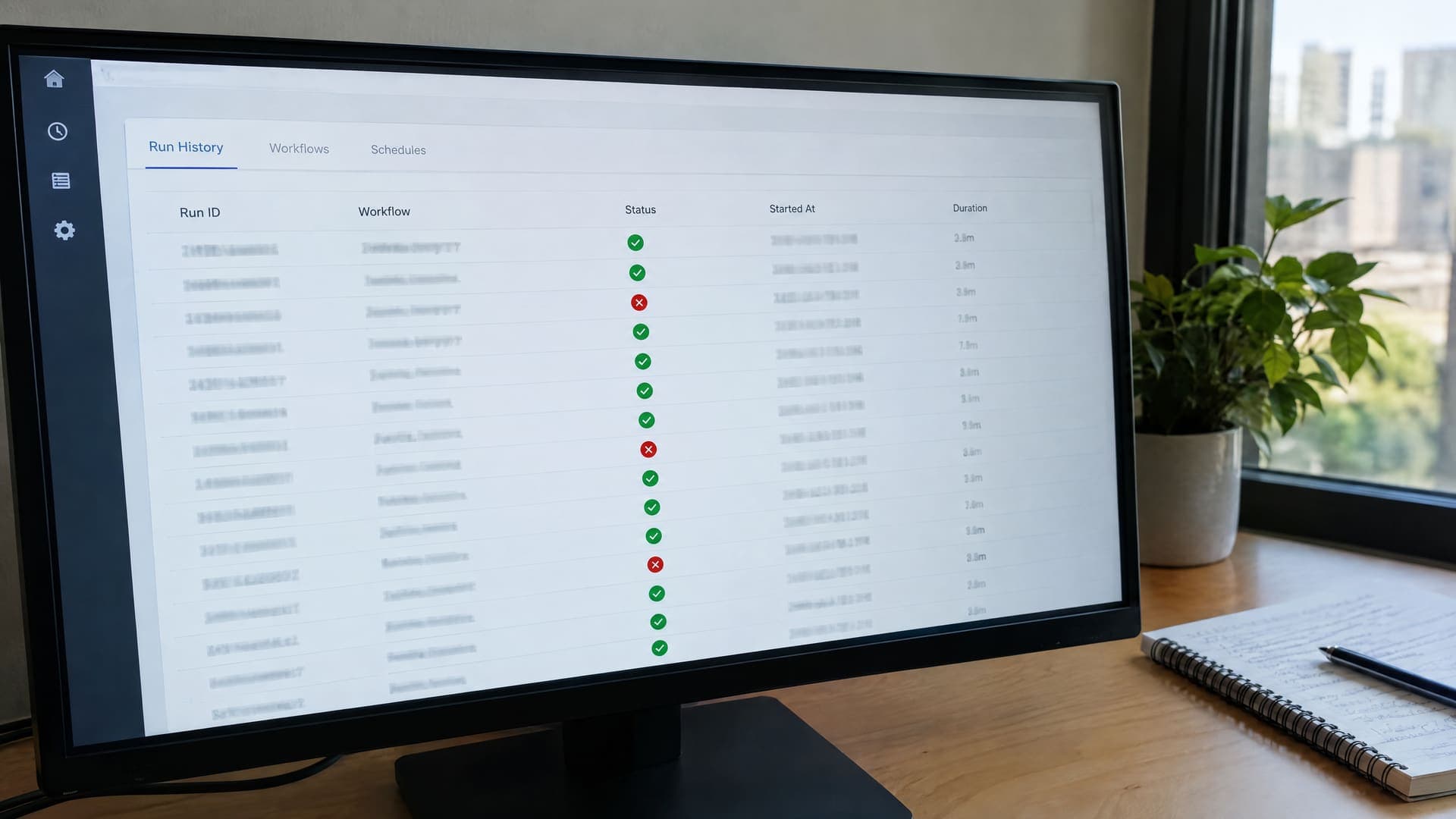 Monitor mit einer Workflow-Laufhistorie mit grünen und roten Statusmarkierungen, daneben ein Notizbuch