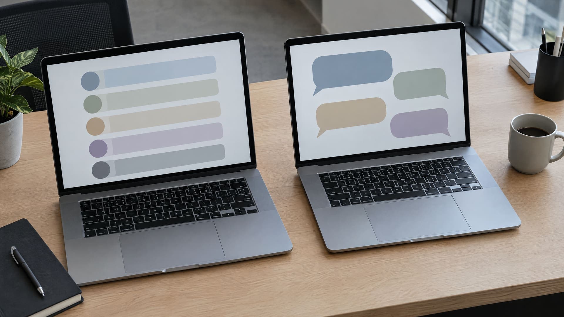 Zwei Laptops nebeneinander auf einem Schreibtisch, einer zeigt abstrakte Listenblöcke, der andere abstrakte Sprechblasen, Text unleserlich