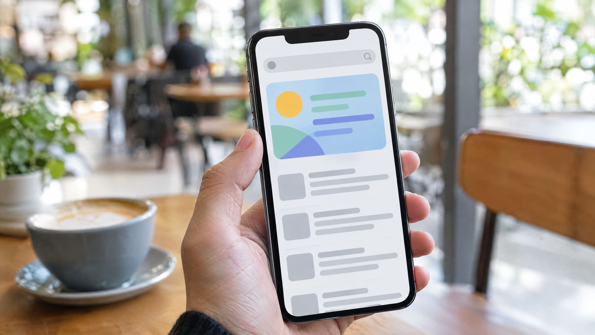 Hand hält ein Smartphone mit einer abstrakten Suchergebnisseite, oben ein farbiger Block, darunter graue Balken, ohne lesbaren Text