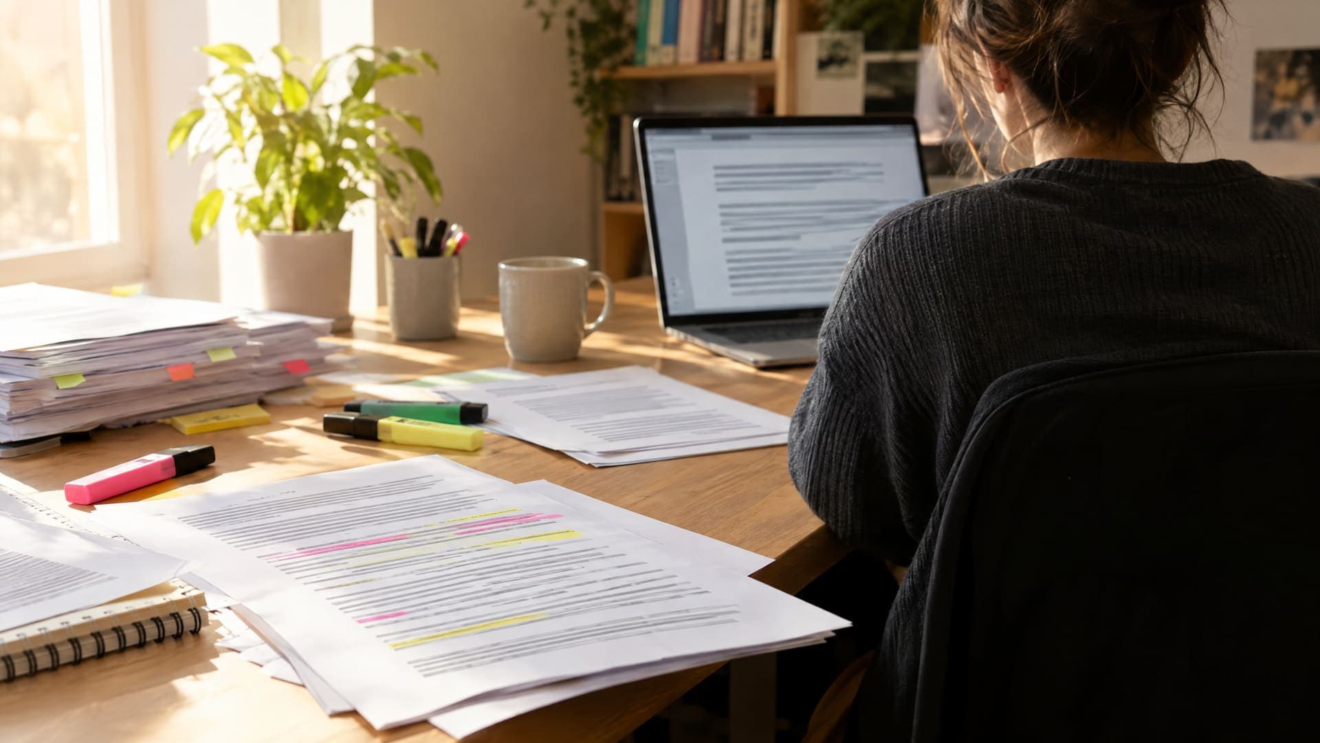 Redaktionstisch mit ausgedruckten Textseiten, Textmarkern und einem Laptop, an dem eine Person von hinten arbeitet, Text unleserlich