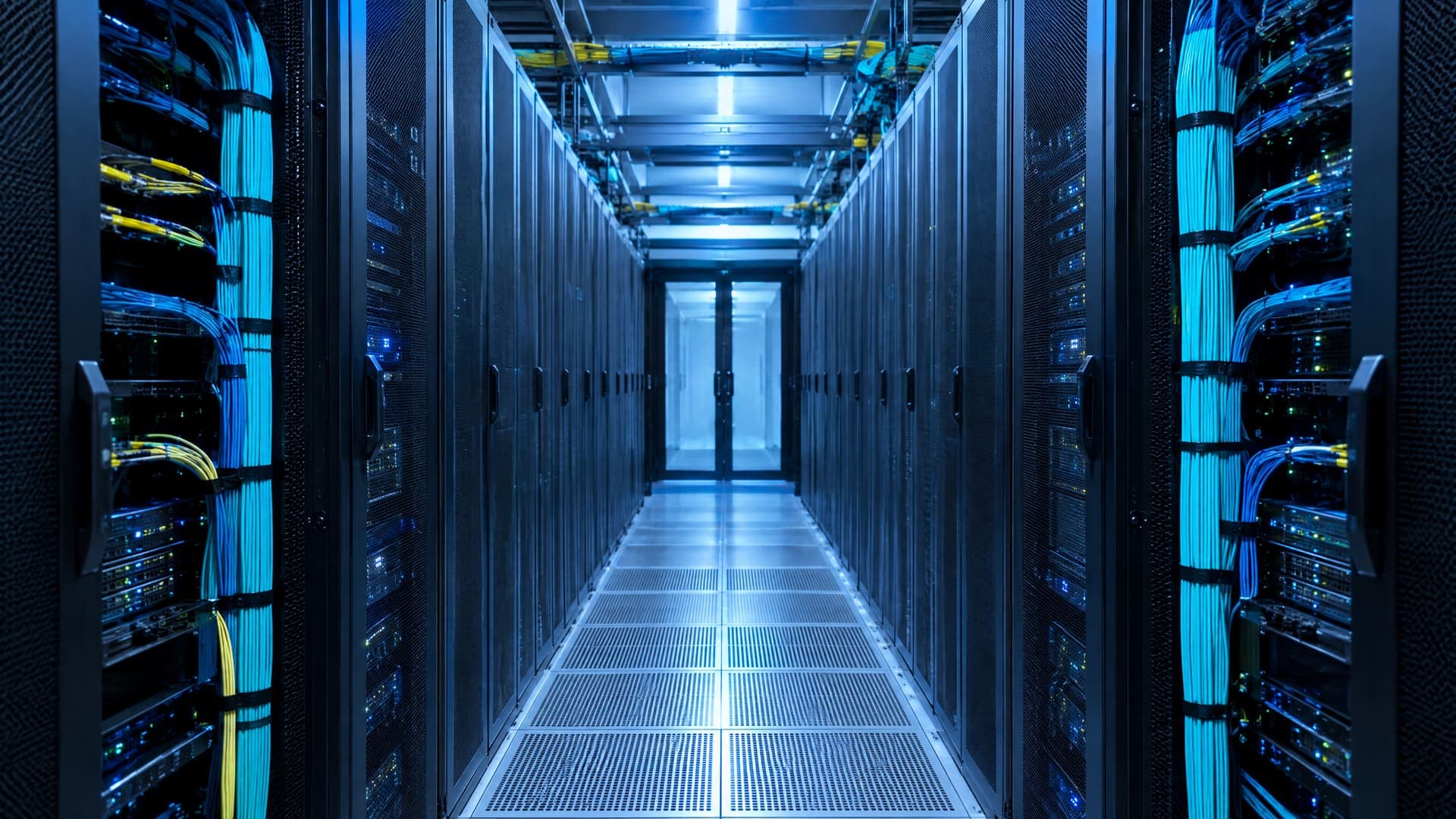 Gang in einem Serverraum mit Racks und gebündelten Glasfaserkabeln im kühlen blauen Licht, ohne lesbare Beschriftung