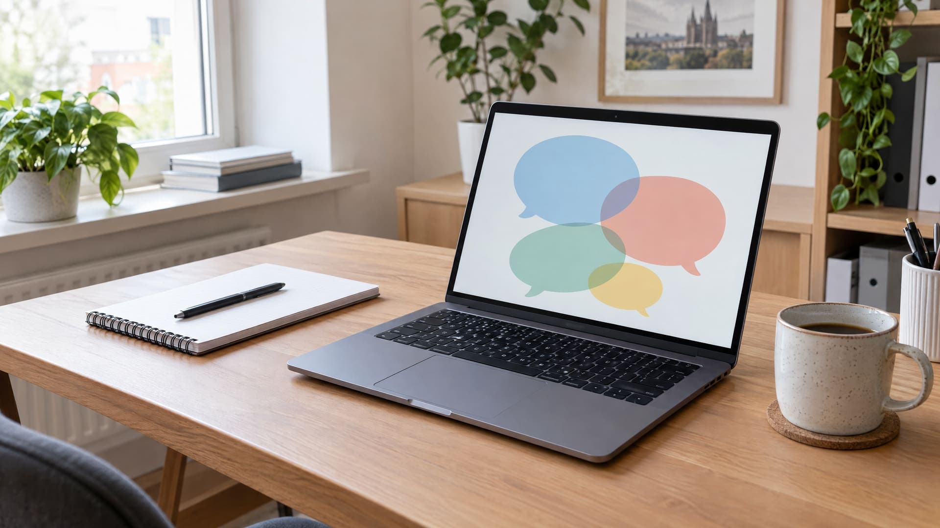Laptop auf einem Schreibtisch zeigt ein Chatfenster aus abstrakten Sprechblasen, daneben ein Notizbuch und eine Kaffeetasse, Text unleserlich