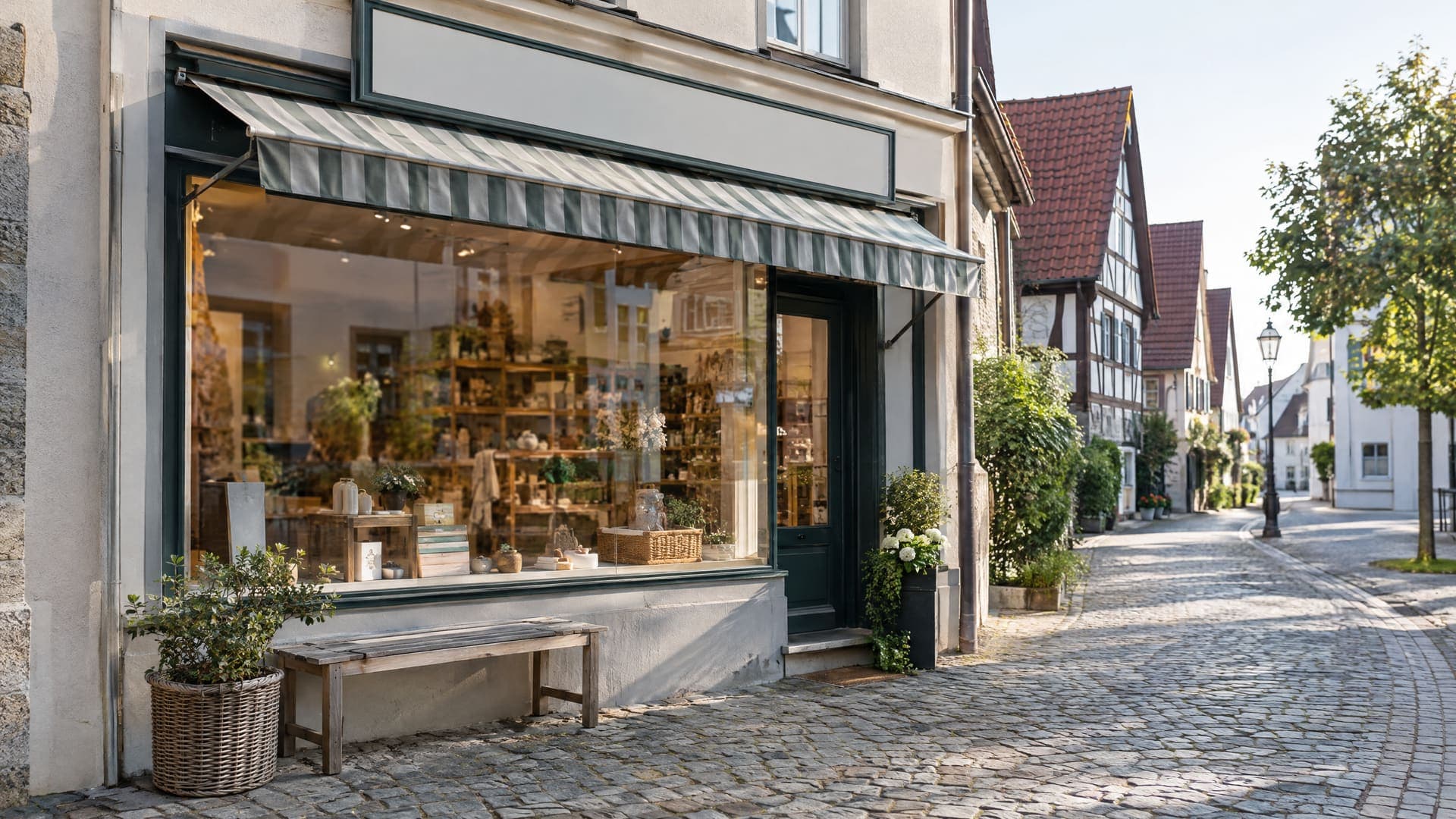 Kleines inhabergeführtes Ladengeschäft in einer deutschen Kleinstadtstraße im Morgenlicht, Schild und Schaufenster ohne lesbare Schrift