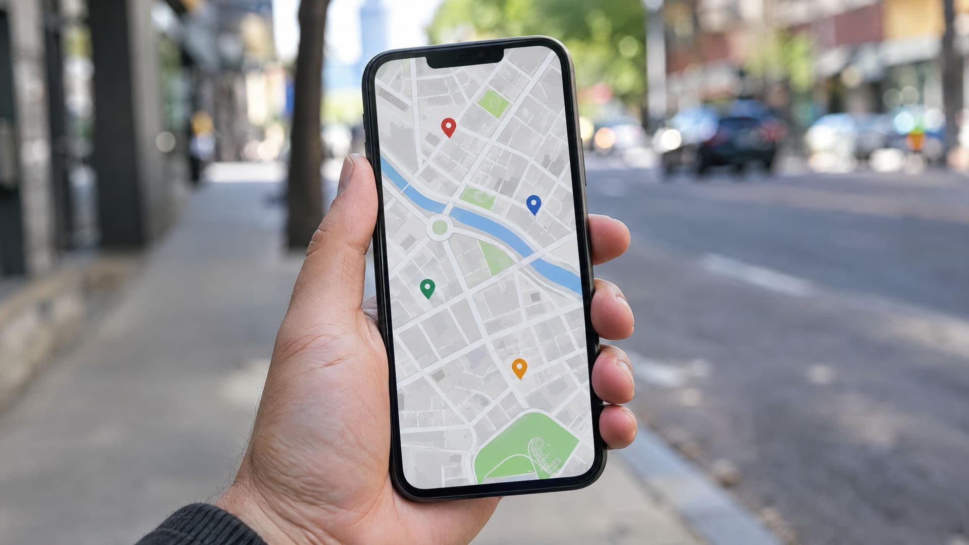Hand hält ein Smartphone mit einer abstrakten Kartenansicht, einige farbige Markierungen und graue Straßenlinien, ohne lesbaren Text