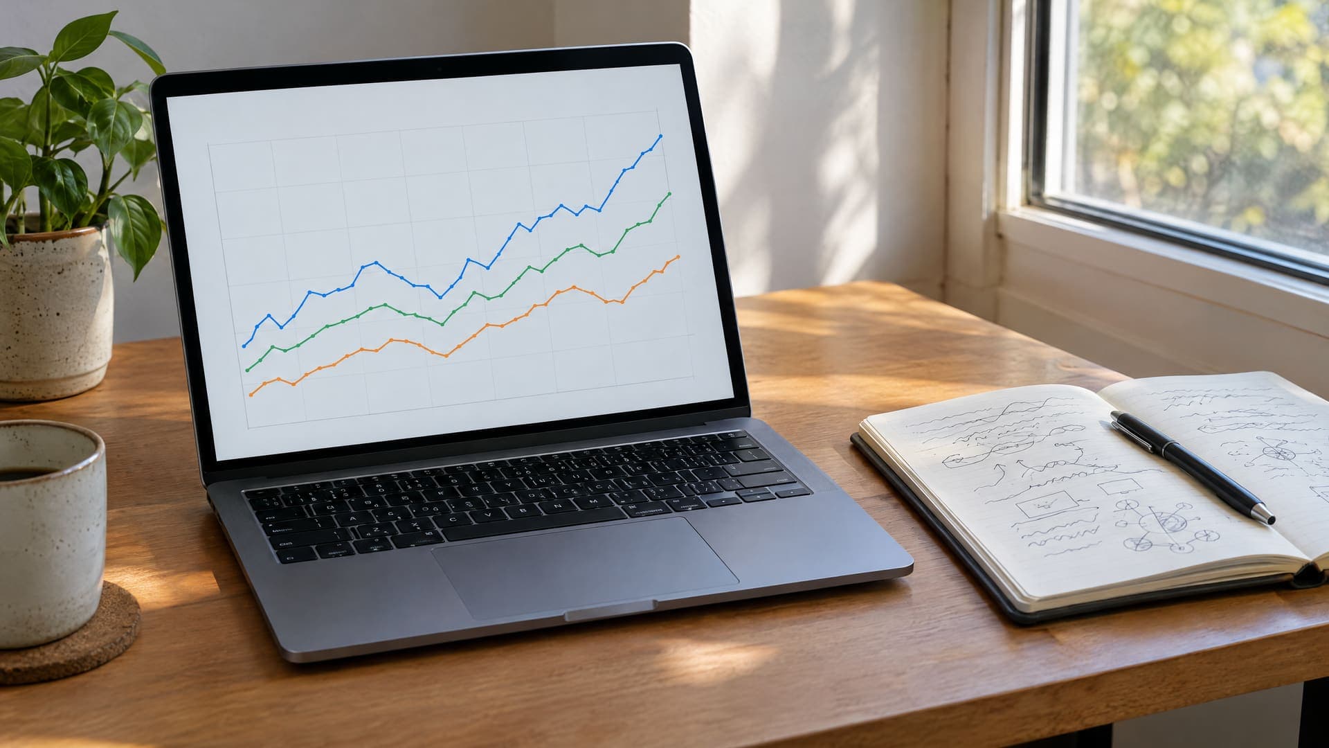 Laptop zeigt ein abstraktes Liniendiagramm, daneben ein aufgeschlagenes Notizbuch mit handschriftlichen Notizen, Zahlen und Text unleserlich