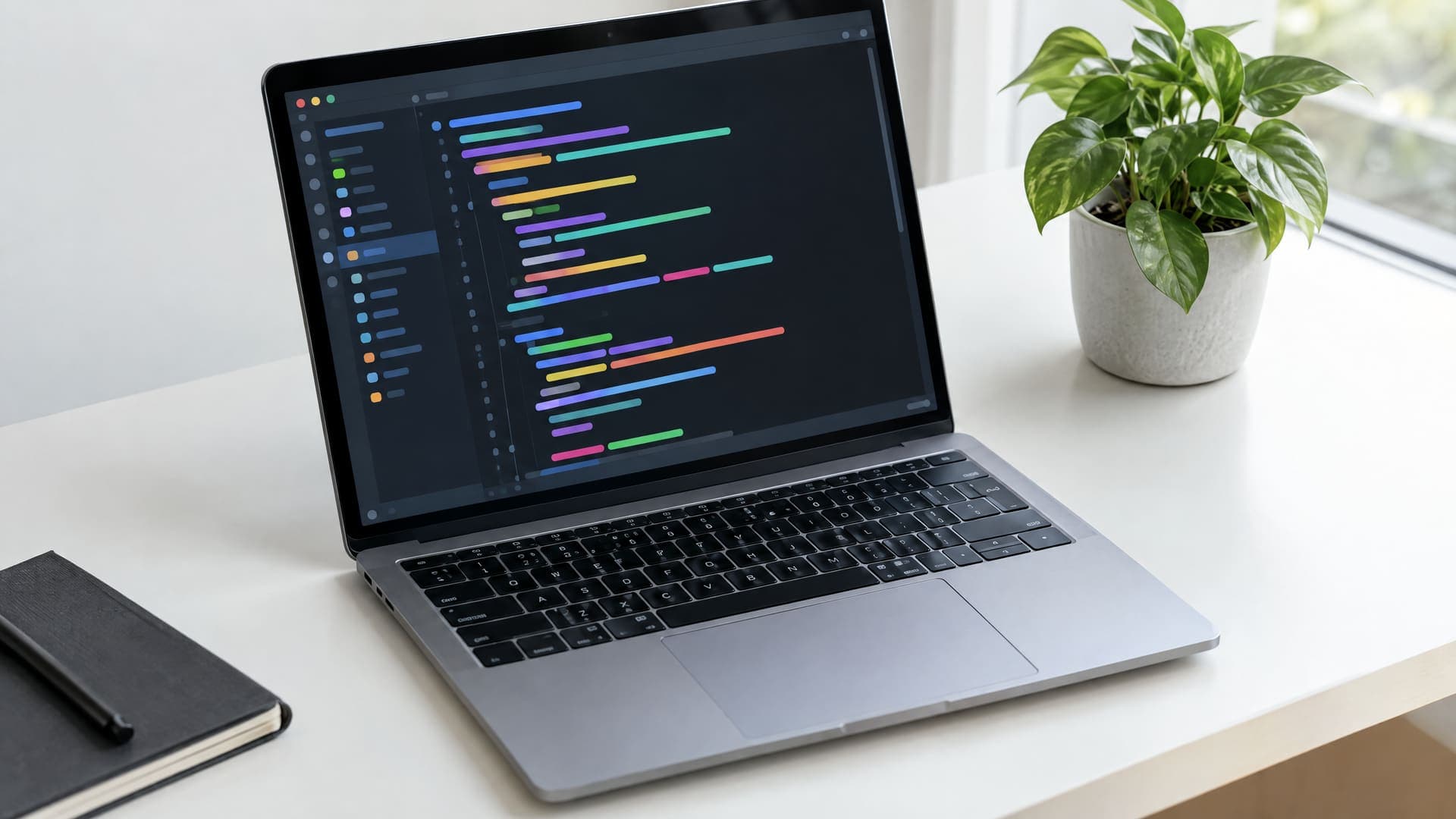 Laptop mit einem Code-Editor, der nur farbige Balken unterschiedlicher Länge zeigt, daneben eine Zimmerpflanze, ohne lesbare Zeichen