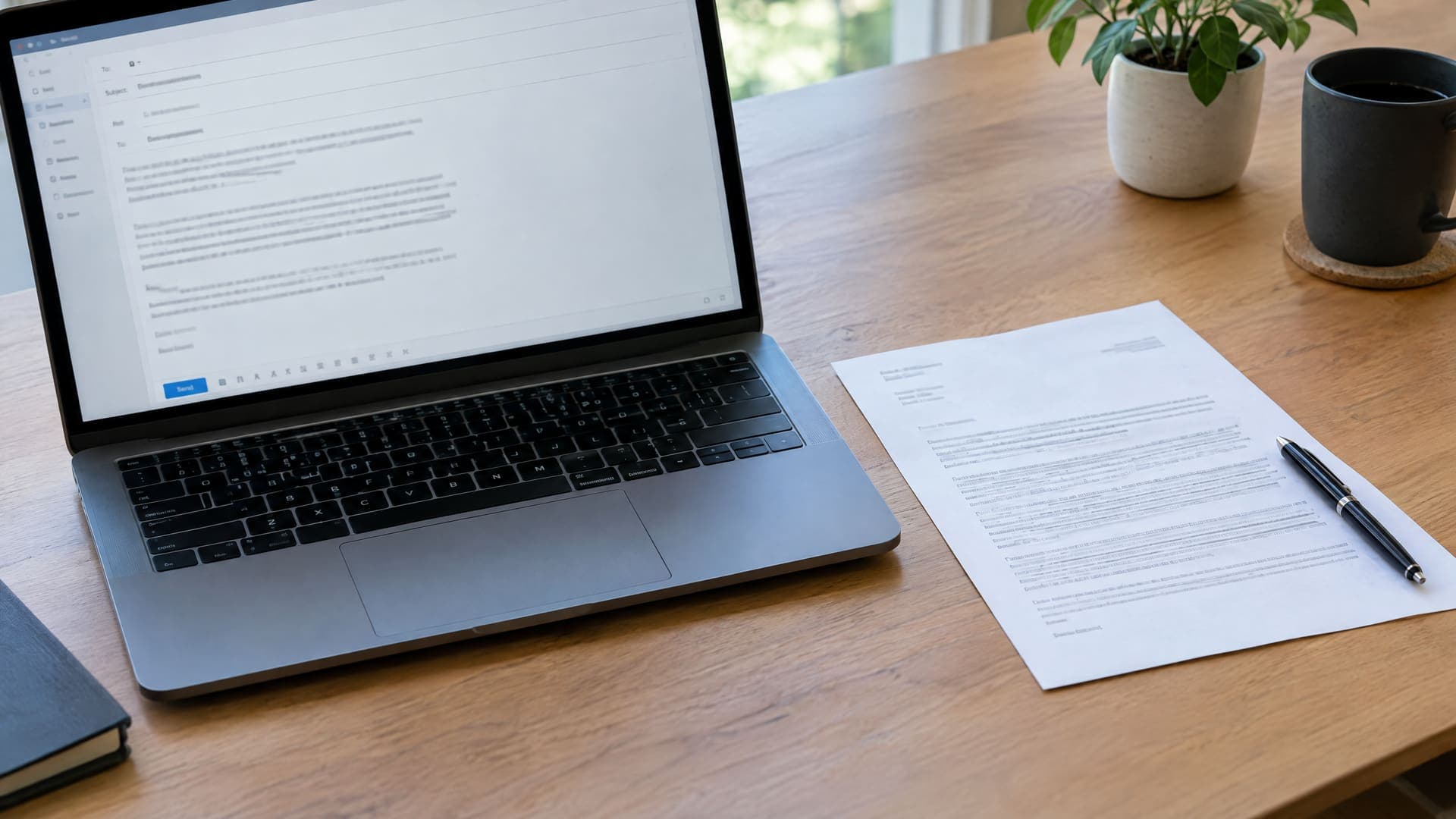 Laptop mit einem E-Mail-Entwurf neben einem gedruckten Brief und einem Stift auf einem Schreibtisch