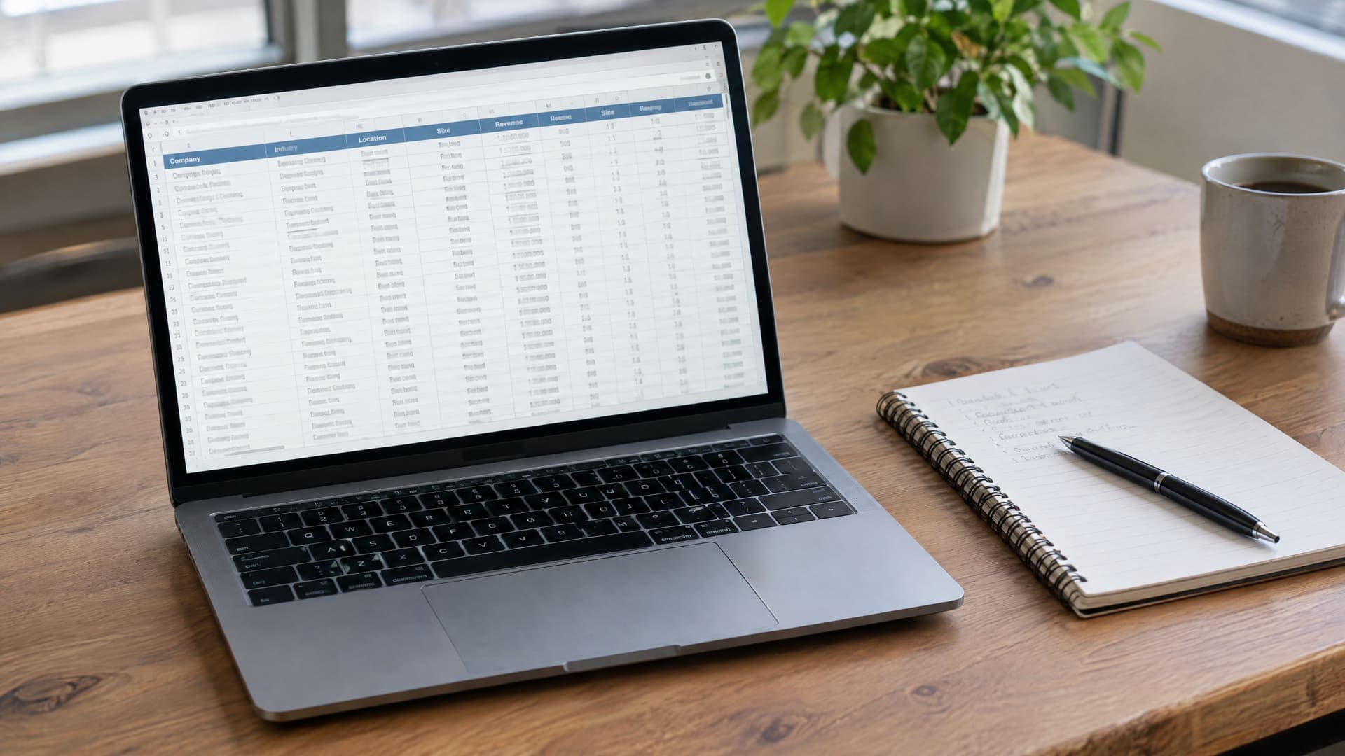 Laptop mit einer Tabelle von Zielunternehmen mit mehreren Spalten, daneben ein Notizbuch und ein Stift auf einem Schreibtisch, Text unleserlich