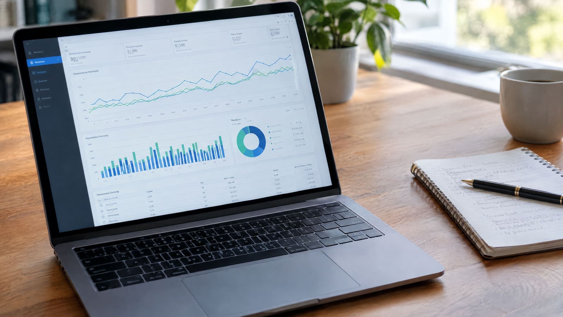 Laptop zeigt ein Werbe-Dashboard mit Linien- und Balkendiagrammen neben einem Notizbuch und einem Stift, Text unleserlich