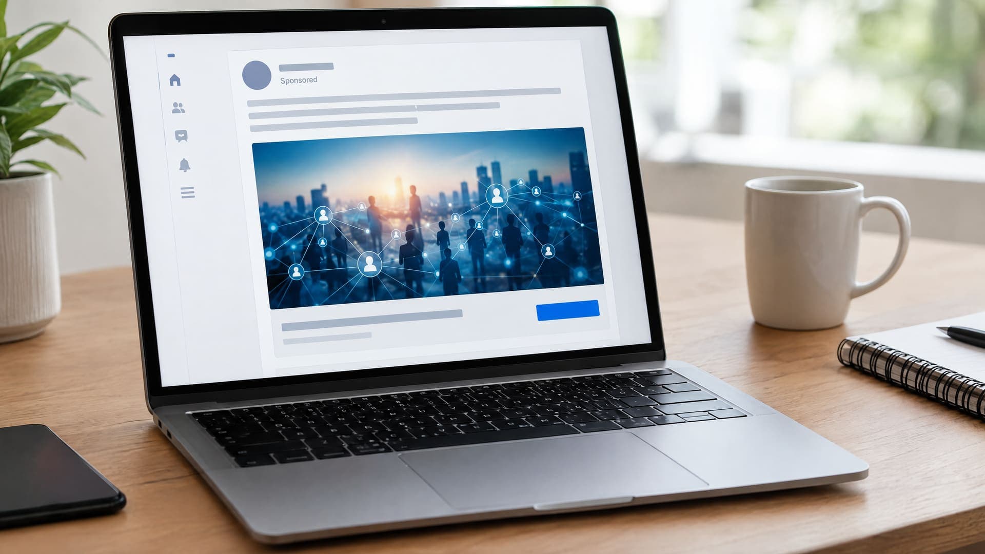 Laptop zeigt einen abstrakten gesponserten Beitrag eines beruflichen Netzwerks mit einem Bild und einem Button auf einem Schreibtisch, Text unleserlich