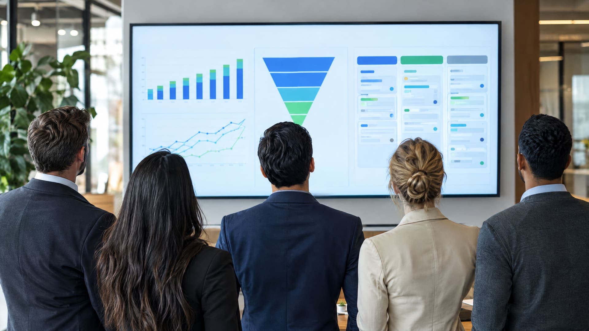 Vertriebsteam von hinten vor einem großen Wandbildschirm mit Diagrammen und einer Pipeline in einem modernen Büro, Gesichter nicht sichtbar