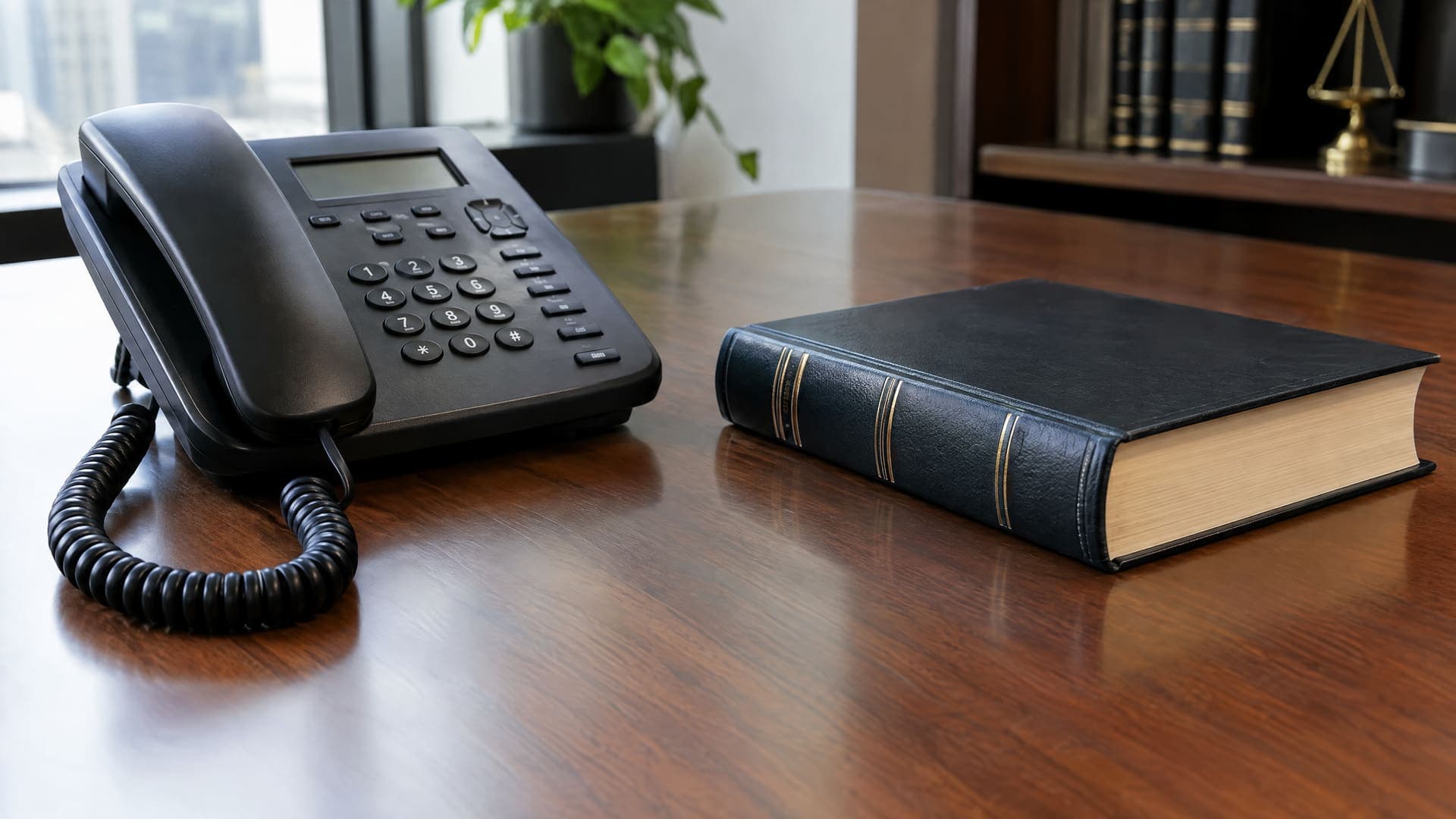 Kabelgebundenes Bürotelefon und ein geschlossenes Gesetzbuch auf einem Schreibtisch, keine lesbare Beschriftung