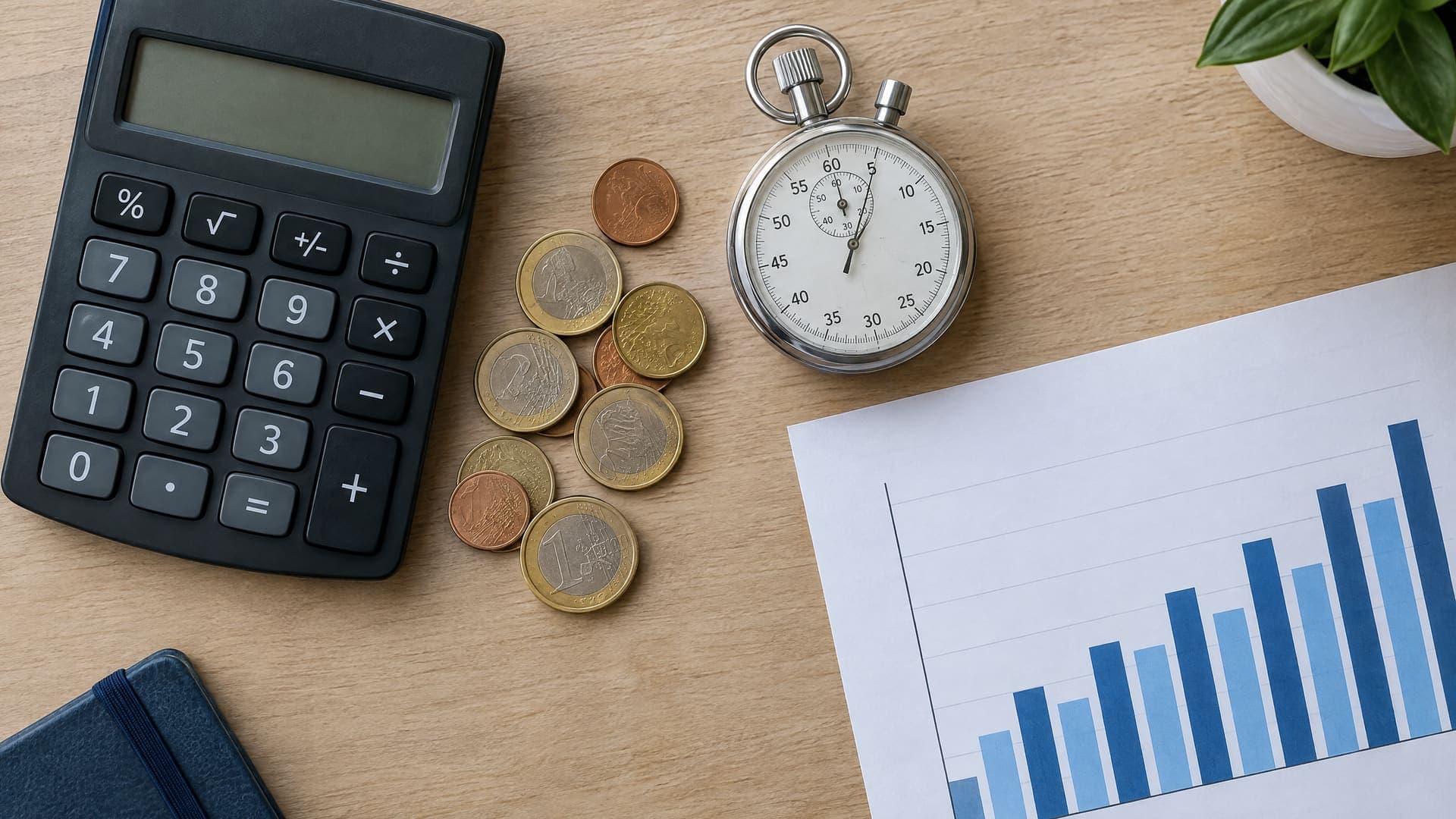 Draufsicht auf einen Taschenrechner, Euro-Münzen, eine Stoppuhr und ein gedrucktes Balkendiagramm auf einem Schreibtisch
