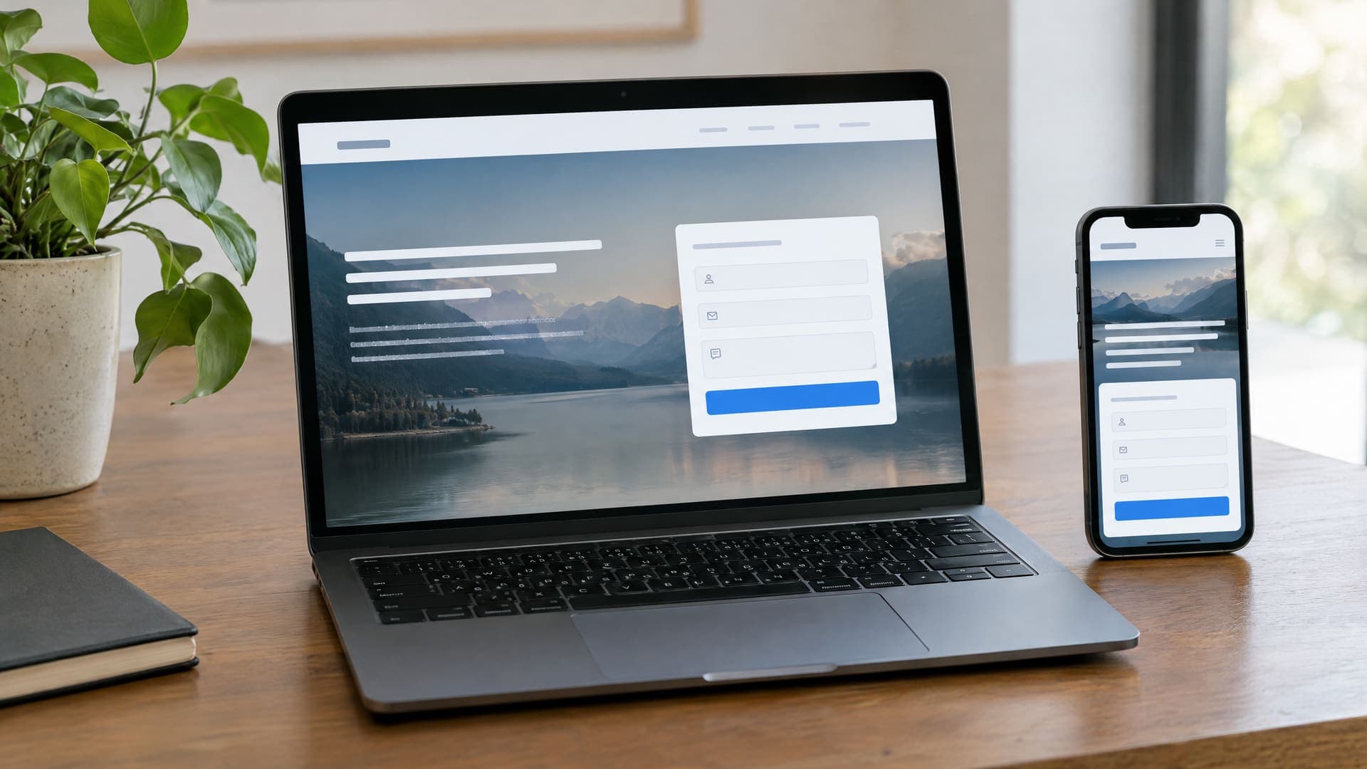 Laptop und Smartphone zeigen dieselbe Landingpage mit einem kurzen Formular und einem Button auf einem Schreibtisch mit Pflanze, Text unleserlich