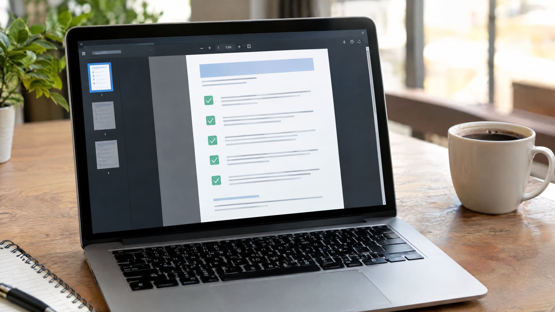 Laptop zeigt die Vorschau eines herunterladbaren Checklisten-Dokuments mit Häkchen, daneben eine Kaffeetasse, Text unleserlich