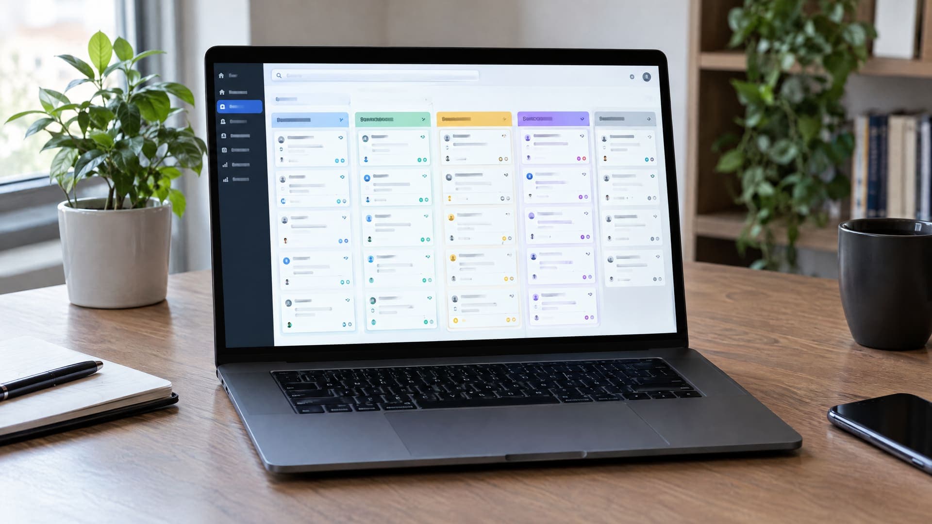 Laptop zeigt ein CRM-Board mit Spalten und Karten auf einem Schreibtisch, Text unleserlich