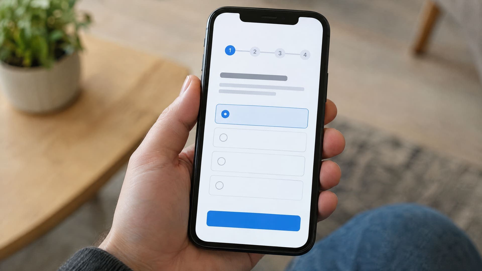 Hand hält ein Smartphone mit einem mehrstufigen Formular mit Fortschrittsbalken und großen Auswahlfeldern, Text unleserlich