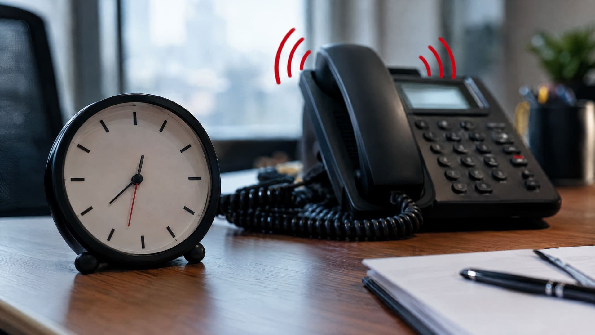 Schreibtisch mit einem klingelnden Bürotelefon und einer Uhr im Vordergrund, ohne lesbare Zahlen oder Beschriftung