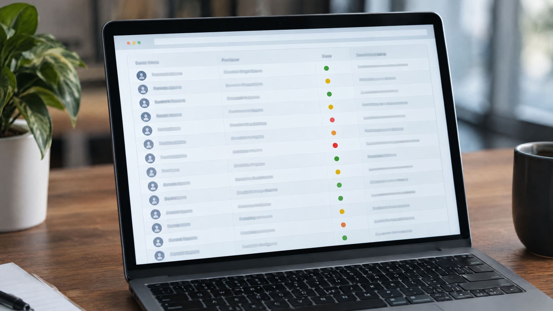 Laptop zeigt eine Kontaktliste mit grünen, gelben und roten Statuspunkten neben den Zeilen, Text unleserlich