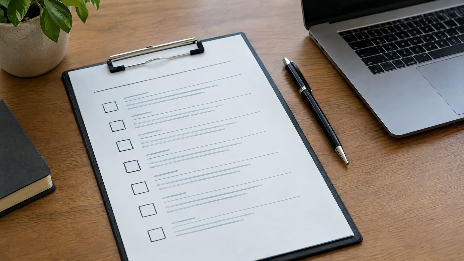 Klemmbrett mit einer Checkliste für die Agenturauswahl neben einem Stift und einem Laptop auf einem Schreibtisch, Text unleserlich