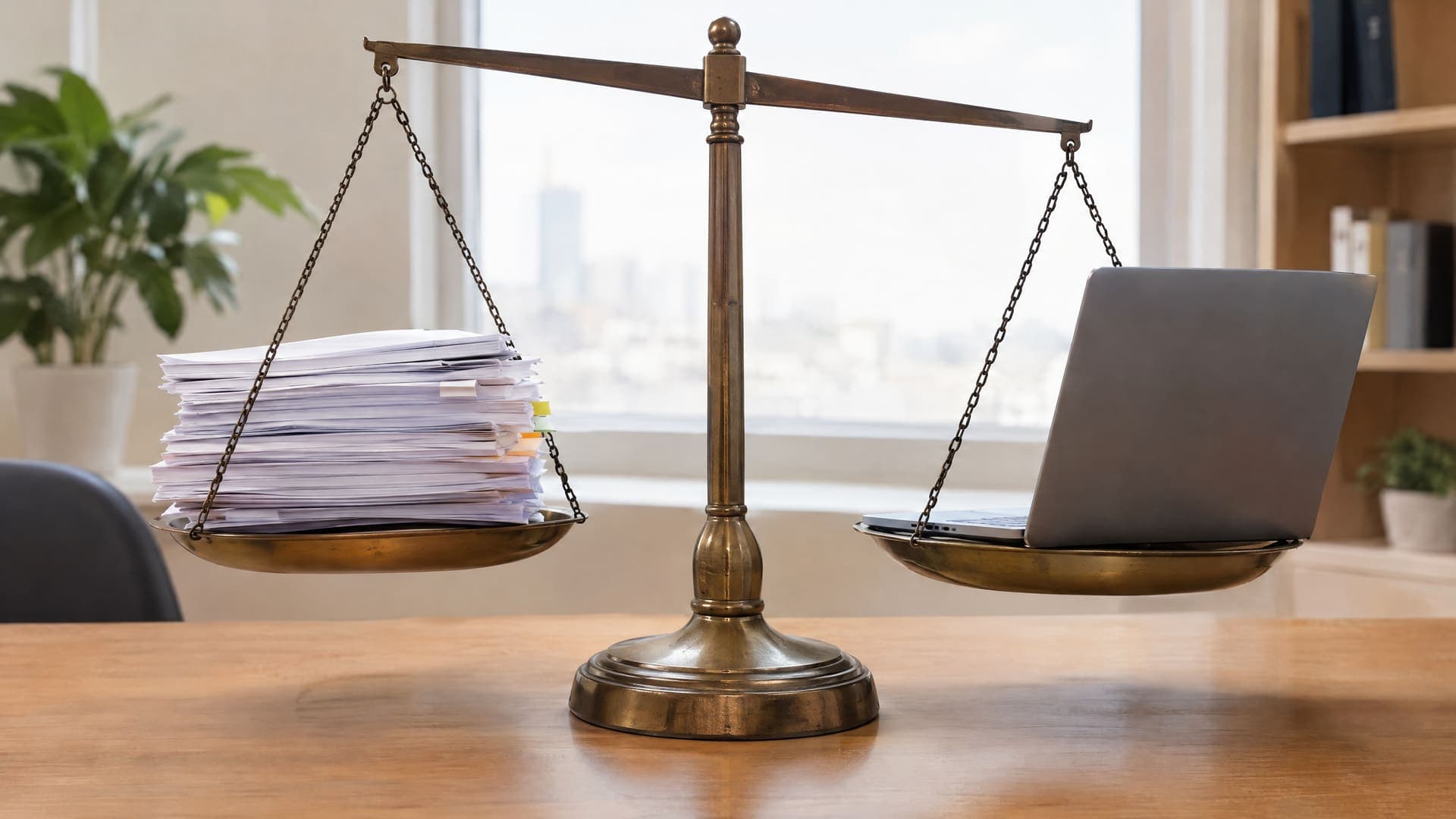 Balkenwaage auf einem Schreibtisch, auf einer Seite ein Stapel Papieranfragen, auf der anderen ein Laptop, keine Beschriftung