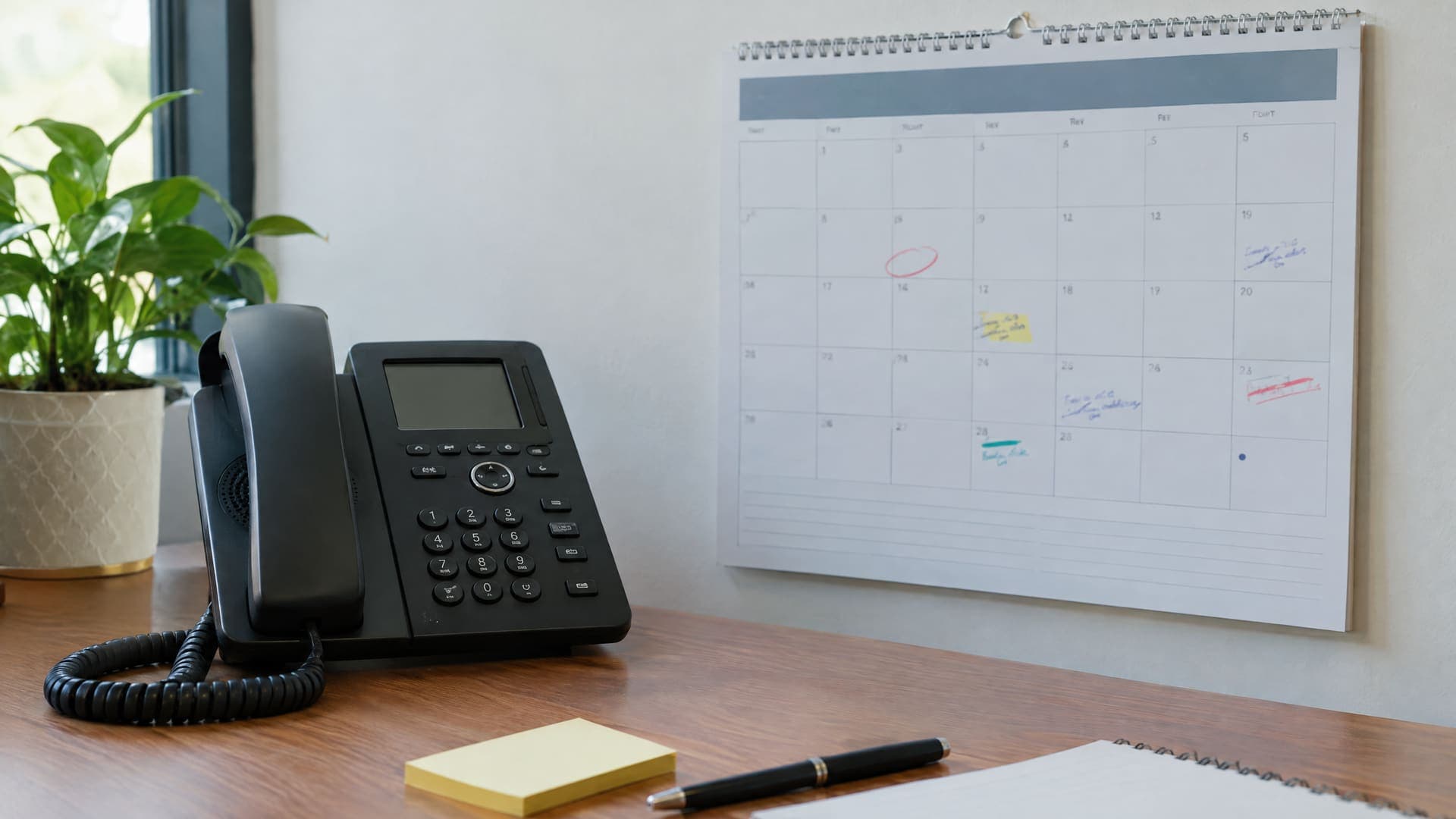 Wandkalender mit Erinnerungsmarkierungen und ein Bürotelefon auf einem Schreibtisch