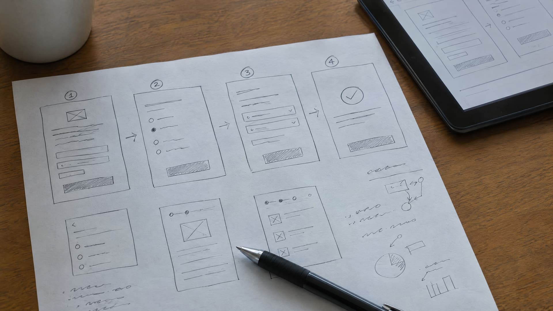 Handgezeichnete Wireframe-Skizzen eines mehrstufigen Formulars auf Papier neben einem Tablet