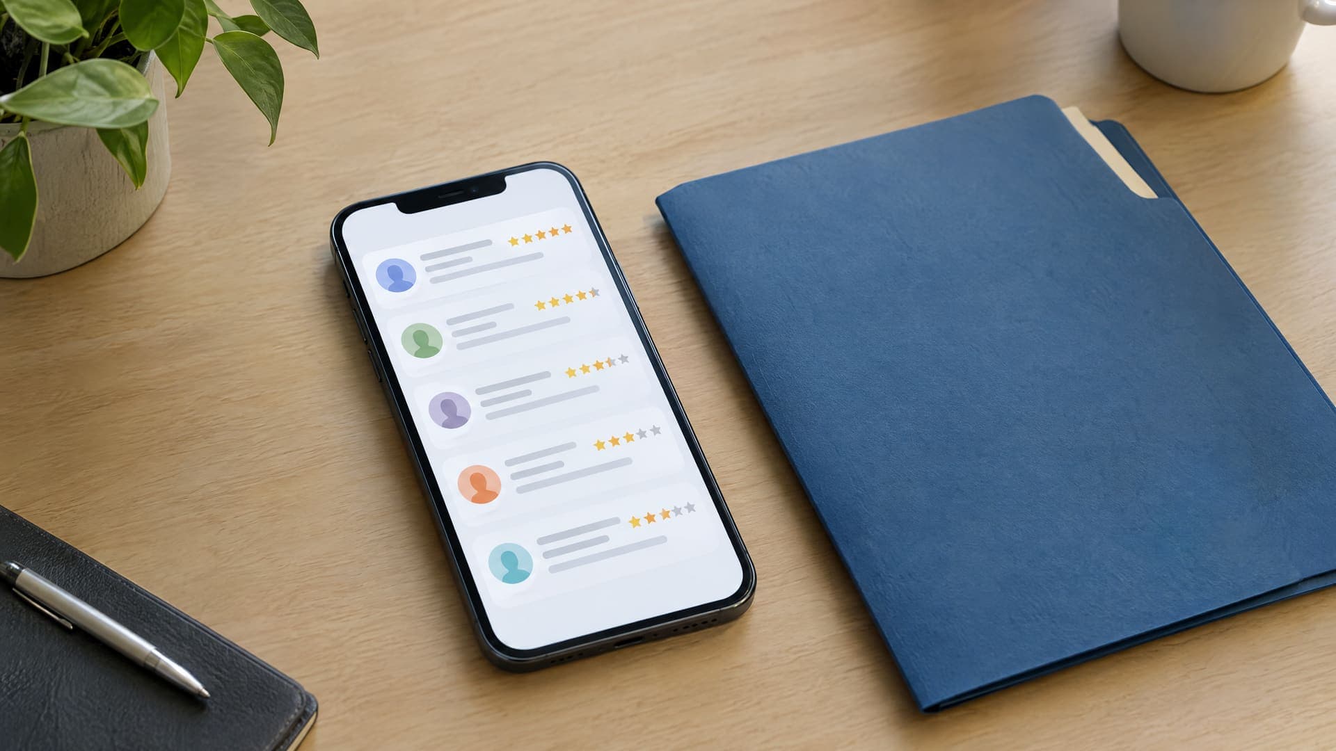 Smartphone mit abstrakter Bewertungsliste mit Sternen neben einem geschlossenen Ordner auf einem Schreibtisch, ohne lesbare Zeichen